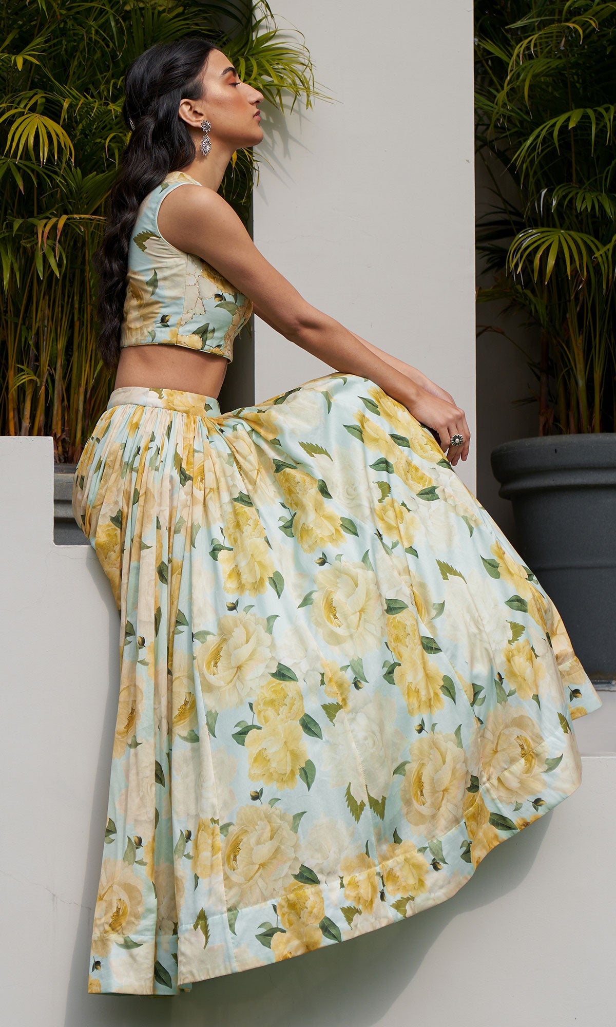AZRA AQUA FLORAL PRINTED FLORAL LEHENGA WITH FLORAL PRINTED BLOUSE AND DUPATTA - SET OF 3