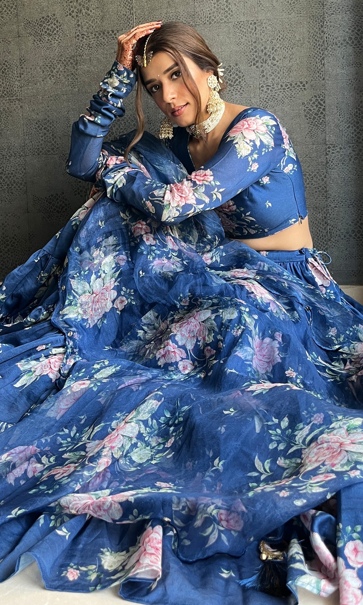 Sukhmani Gambhir in Falak Blue Floral print Gathered Lehenga with floral blouse and Dupatta- Set of 3