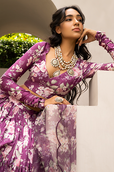 Aamna Sharif in Falak Purple Floral print Gathered Lehenga with floral blouse and Dupatta- Set of 3