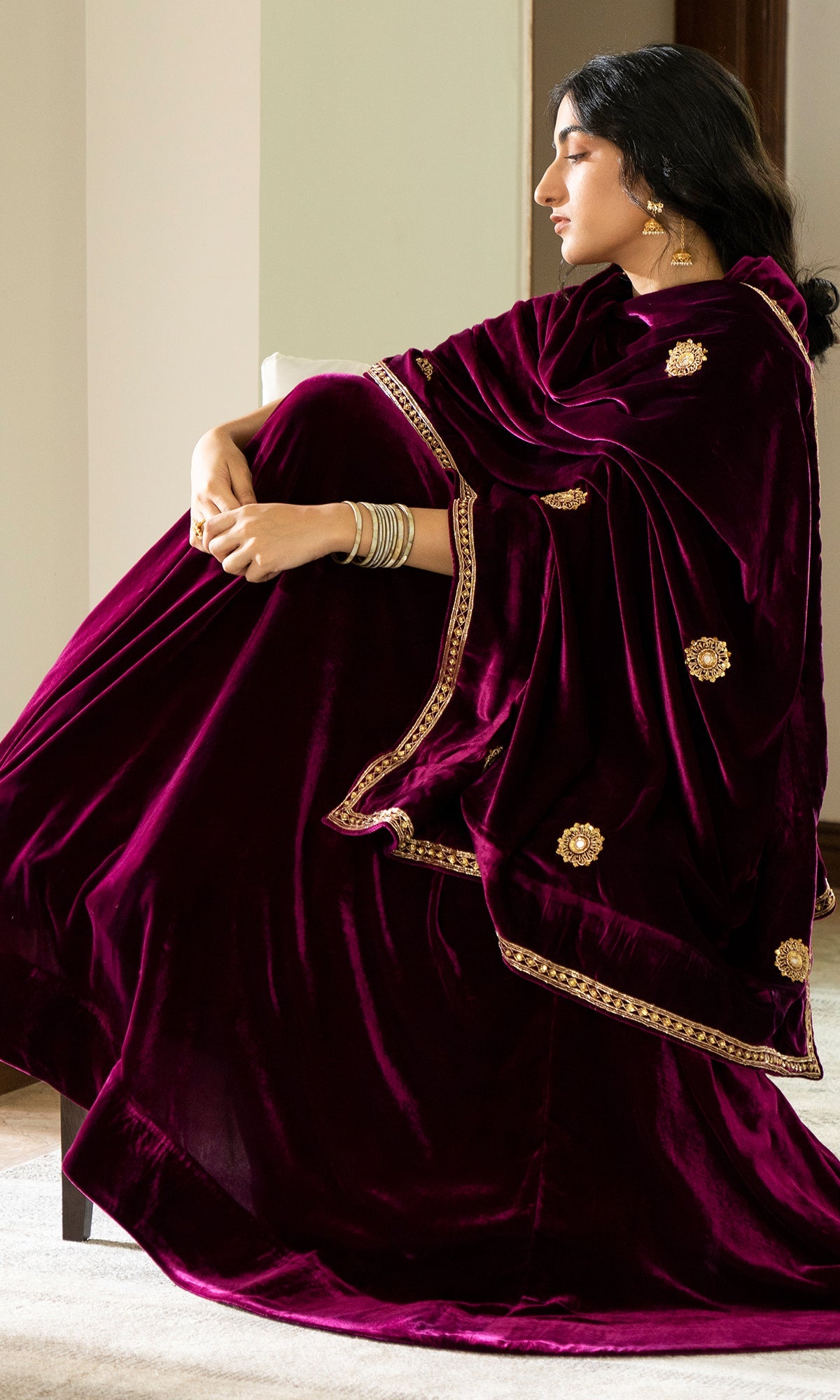 Bareen Embroidered - Deep Orchid velvet Lehenga With Blouse - Set of 2