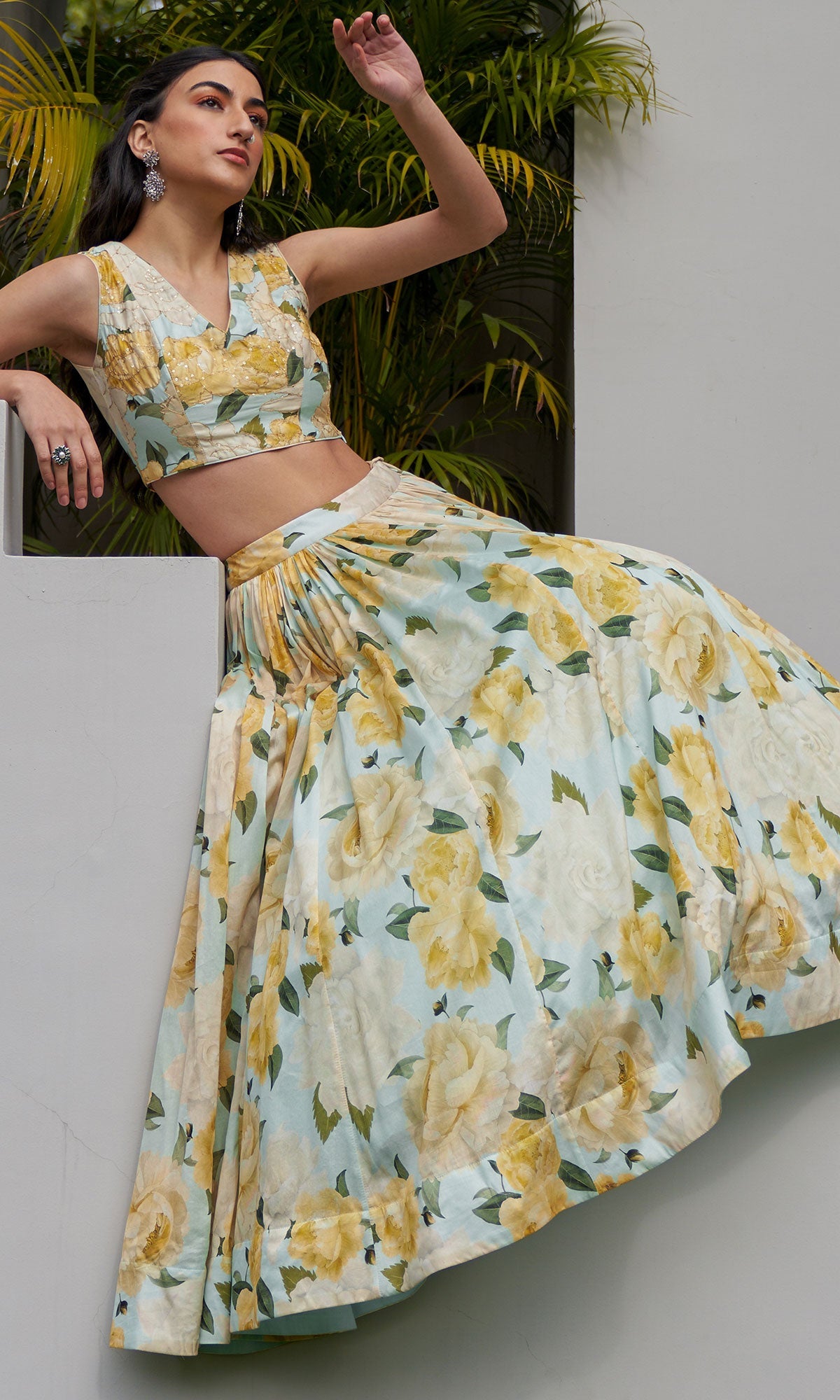 AZRA AQUA FLORAL PRINTED FLORAL LEHENGA WITH FLORAL PRINTED BLOUSE AND DUPATTA - SET OF 3
