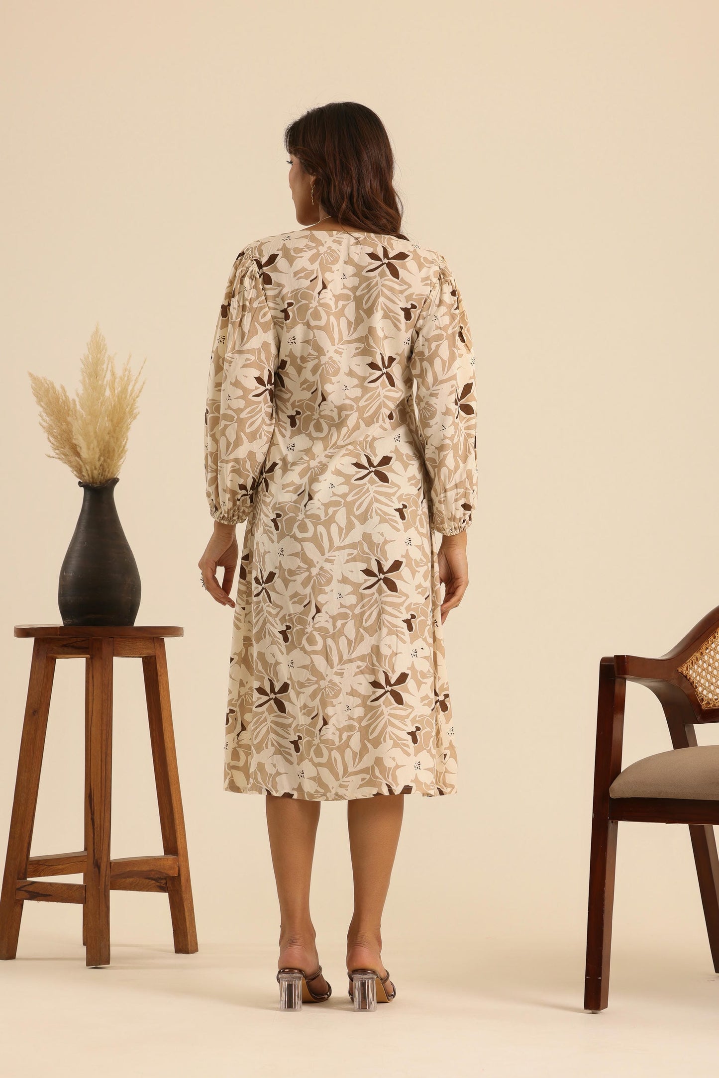 Nazaakat Nutty Latte Printed Midi Dress