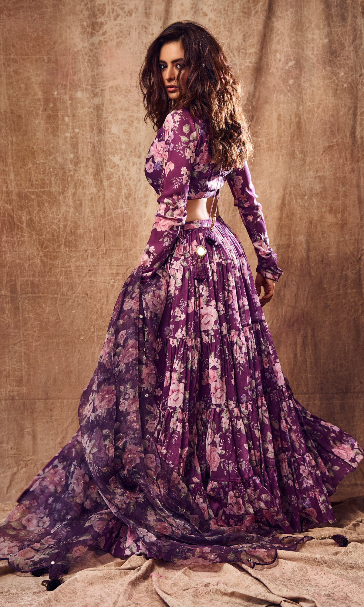 Aamna Sharif in Falak Purple Floral print Gathered Lehenga with floral blouse and Dupatta- Set of 3