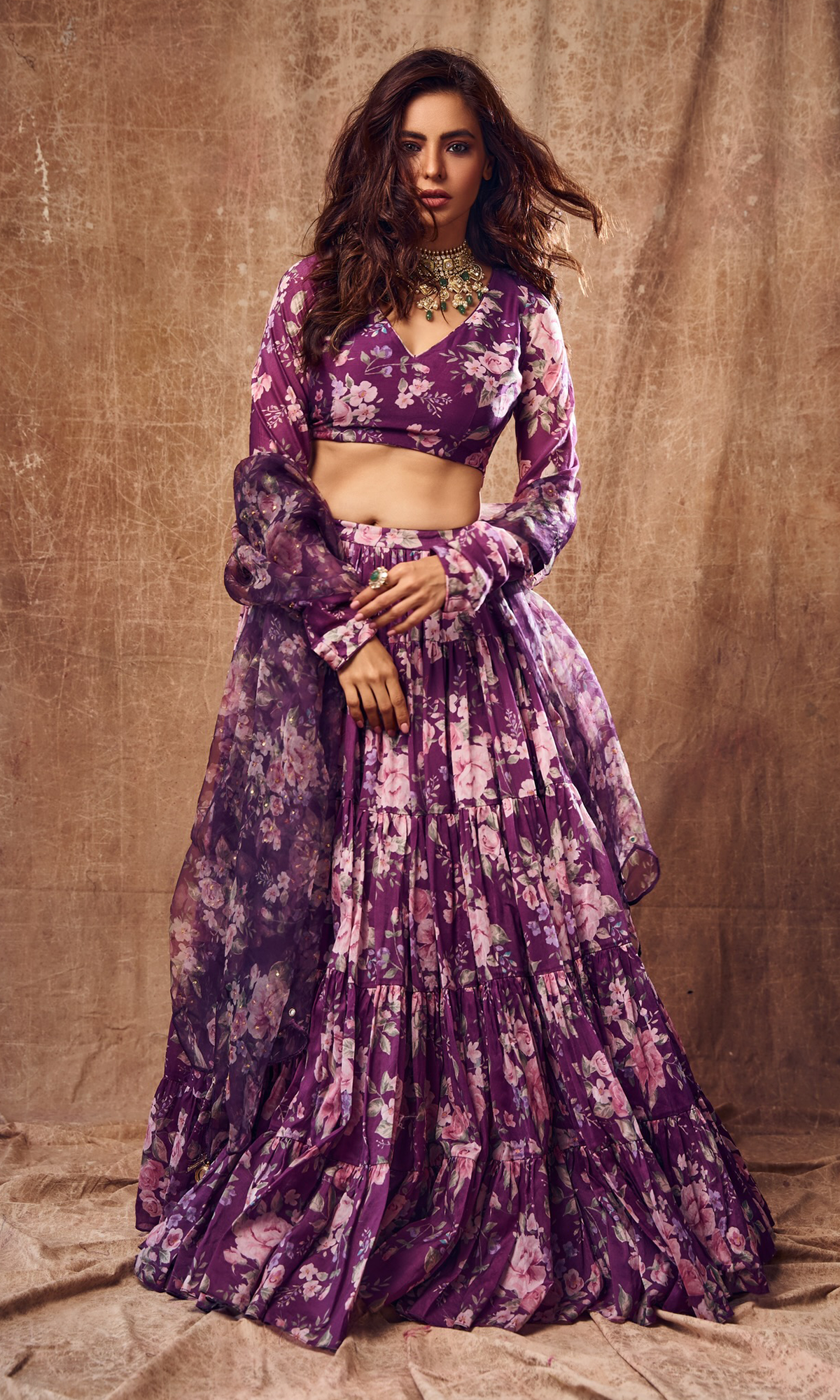 Aamna Sharif in Falak Purple Floral print Gathered Lehenga with floral blouse and Dupatta- Set of 3