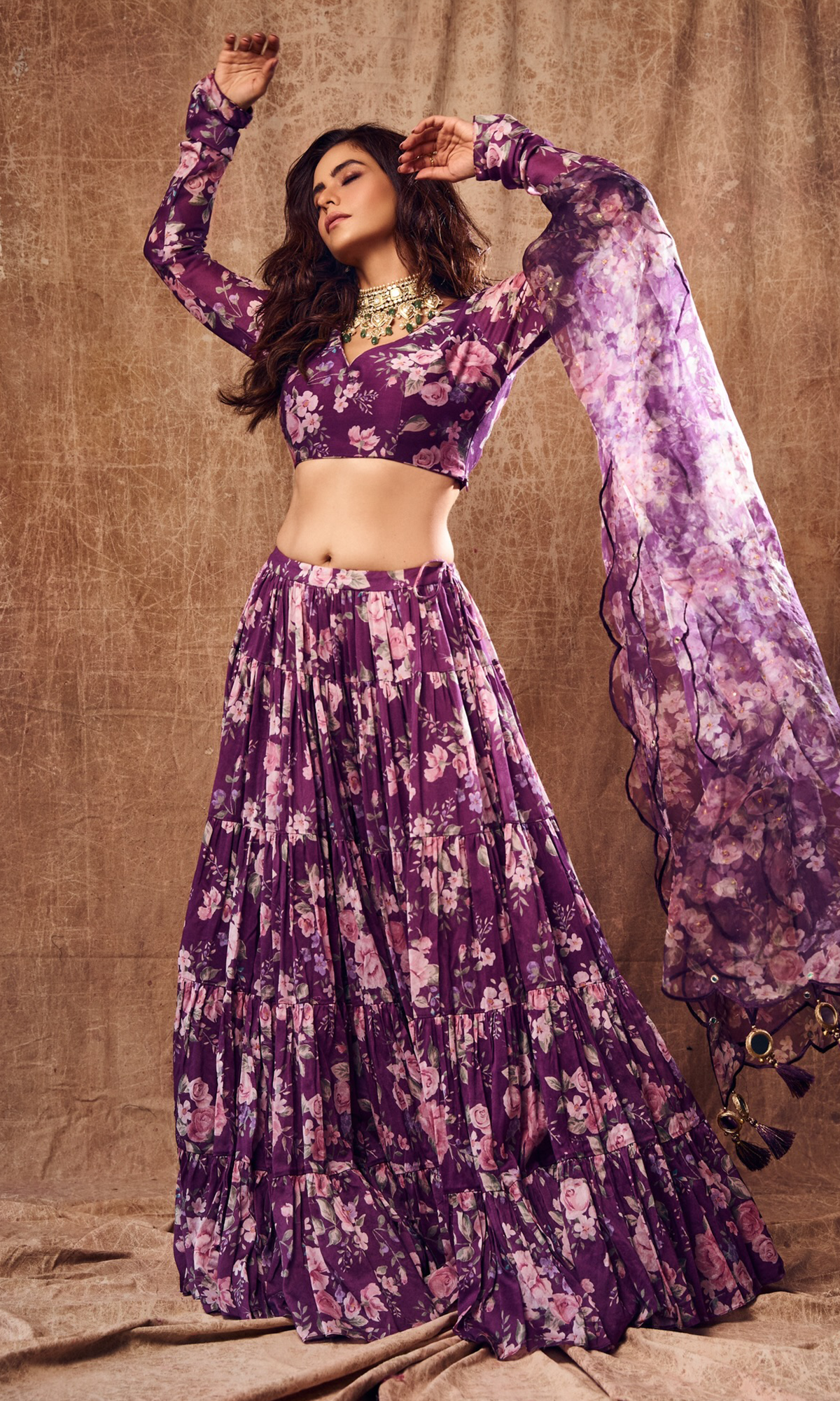 Aamna Sharif in Falak Purple Floral print Gathered Lehenga with floral blouse and Dupatta- Set of 3