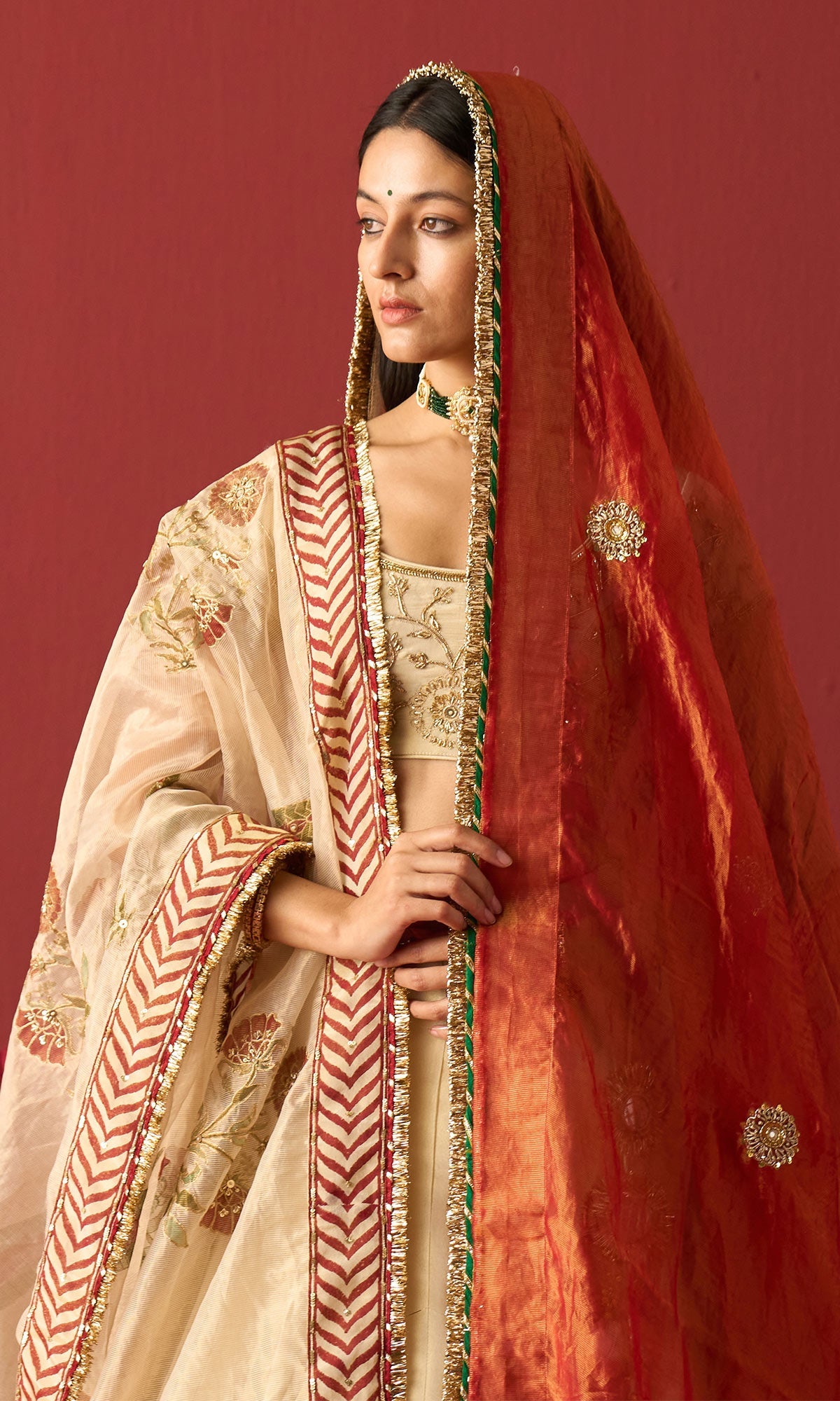 Rangeela Ivory gold Red tissue Mughal block print patch work lehenga with blouse and 2 dupattas ( set of 4)