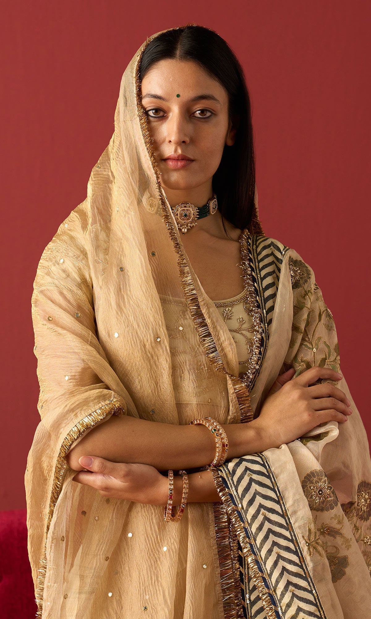 Rangeela Ivory gold tissue Mughal block print patch work lehenga with blouse and crush tissue dupatta ( set of 3)