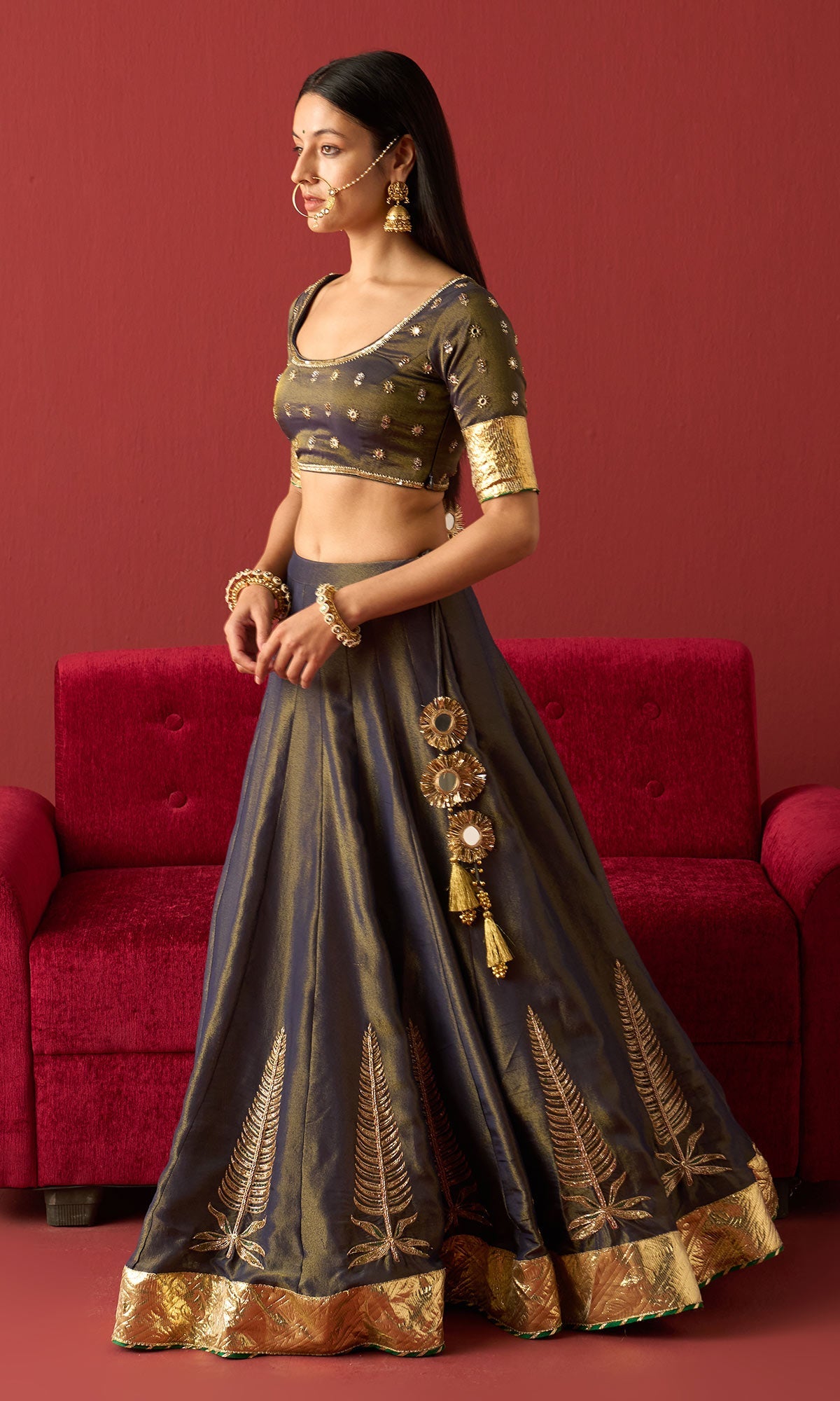 Rangeela Blue tissue embroidered lehenga with blouse and 2 tissue dupattas ( set of 4)