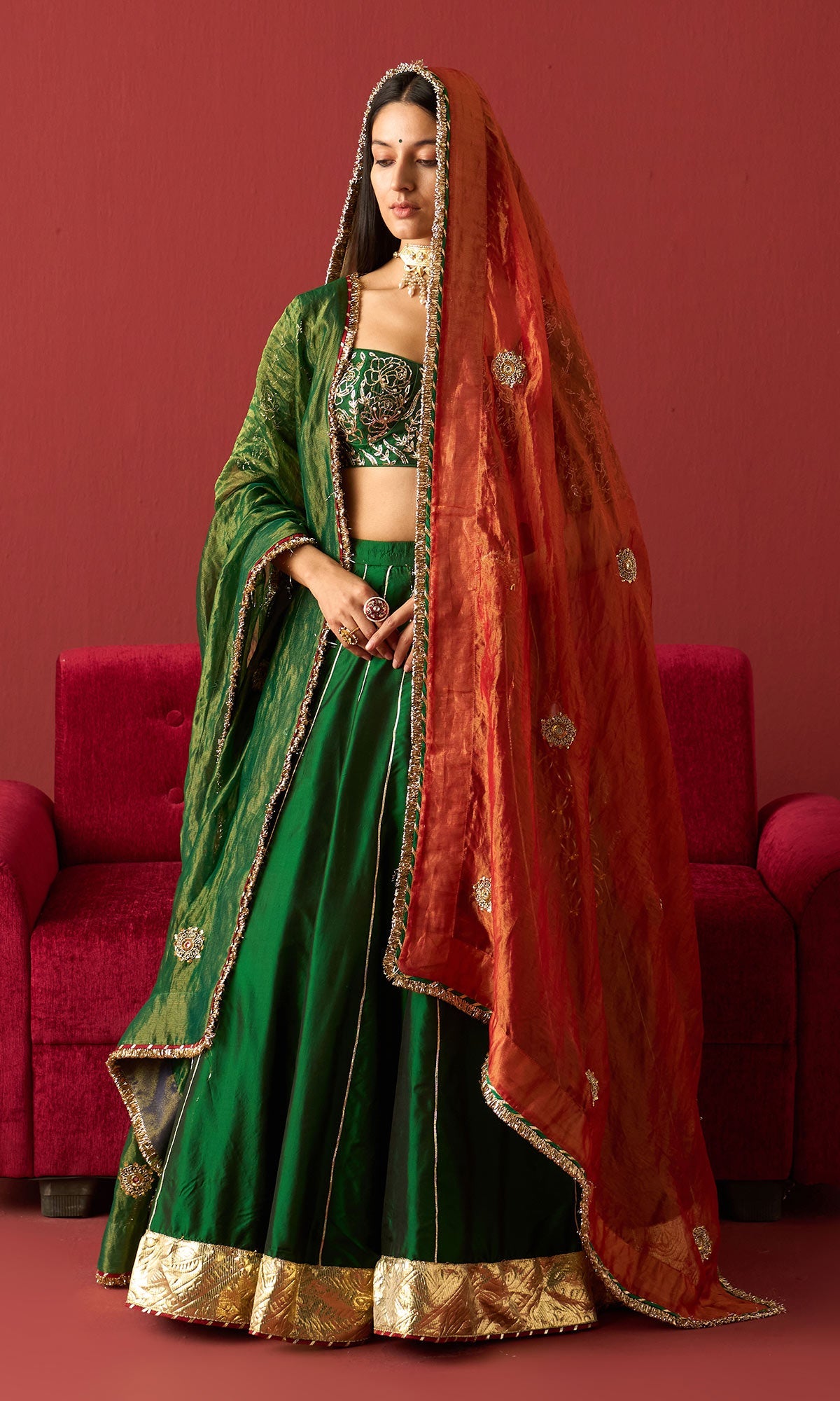 Rangeela Green silk lehenga with embroidered blouse and 2 tissue dupattas ( set of 4)