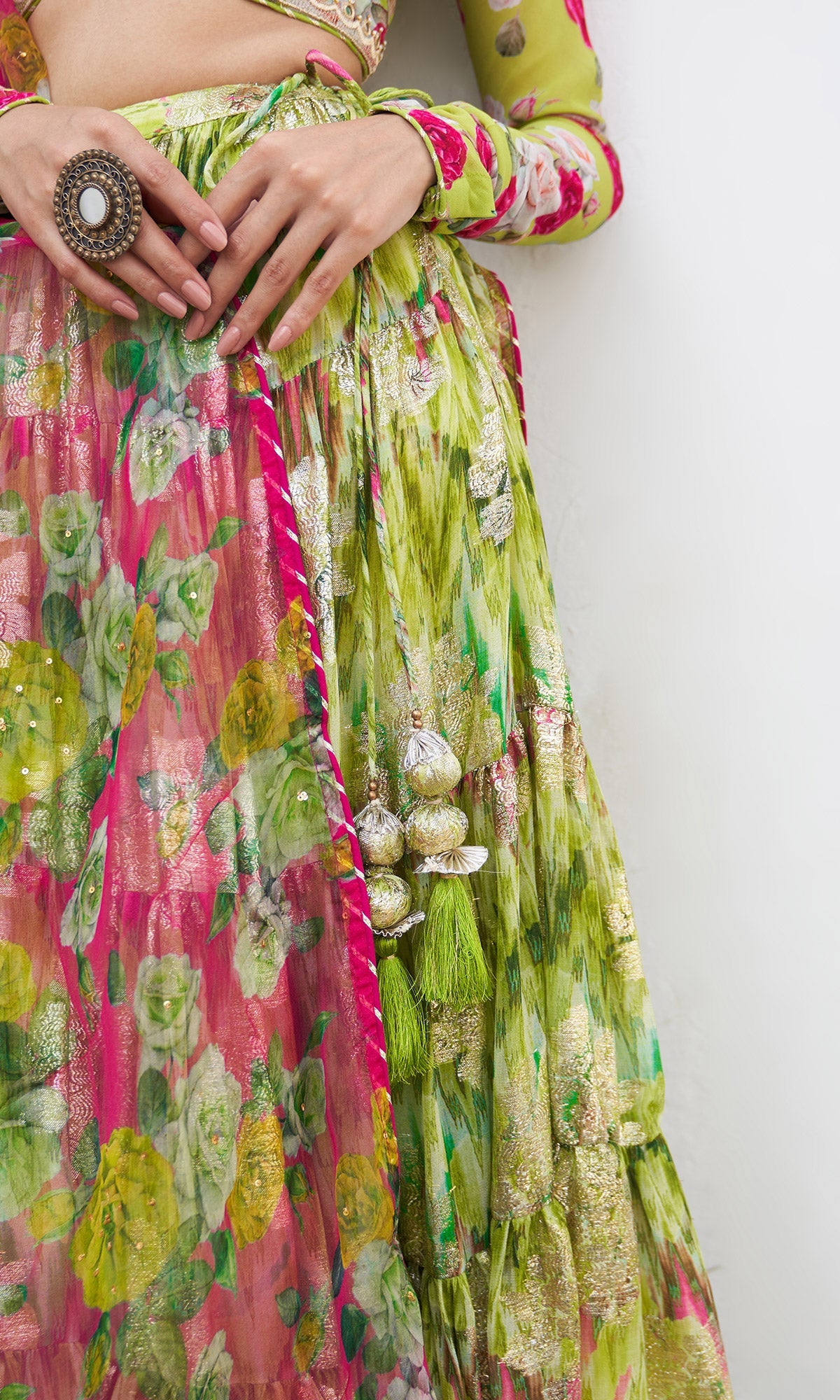 Gulafsha Neon Green Lehenga With Floral Blouse And Dupatta ( Set Of 3)
