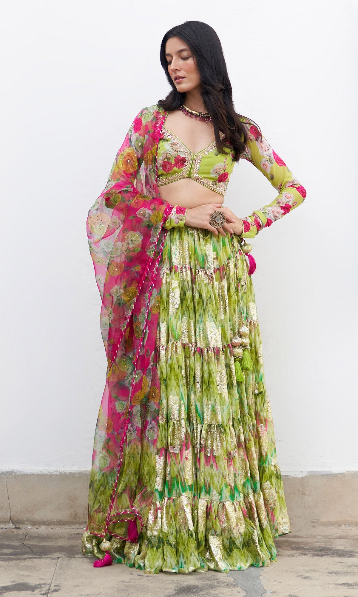 Gulafsha Neon Green Lehenga With Floral Blouse And Dupatta ( Set Of 3)