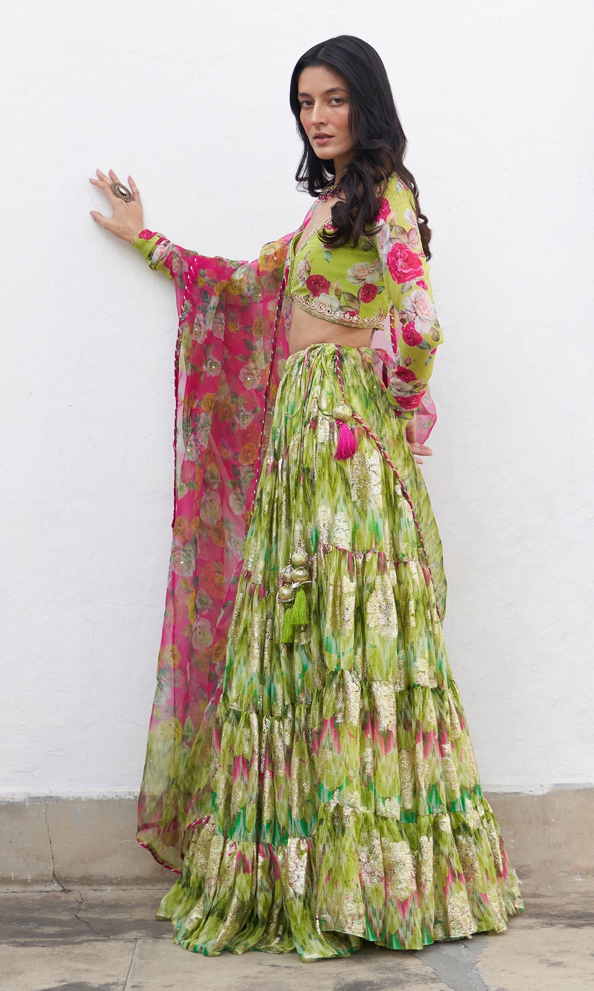 Gulafsha Neon Green Lehenga With Floral Blouse And Dupatta ( Set Of 3)