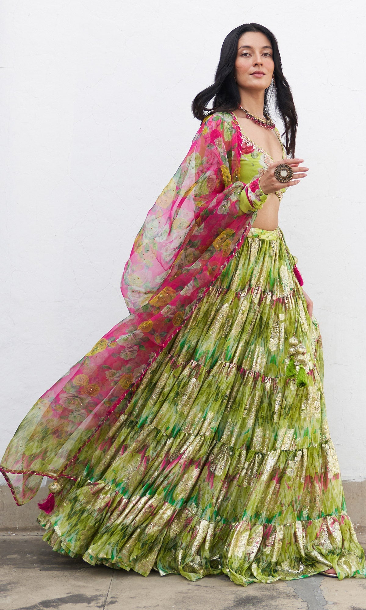 Gulafsha Neon Green Lehenga With Floral Blouse And Dupatta ( Set Of 3)