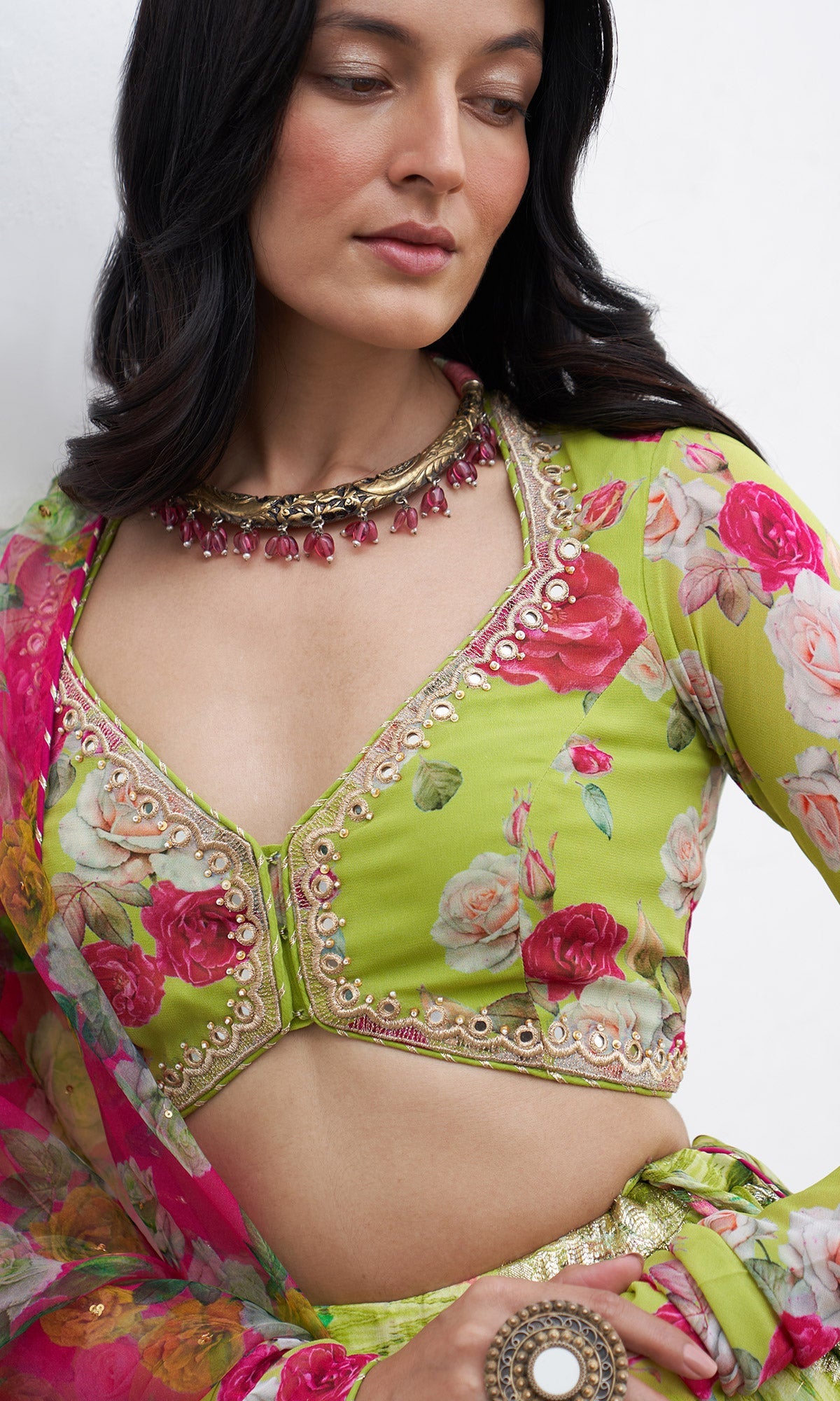 Gulafsha Neon Green Lehenga With Floral Blouse And Dupatta ( Set Of 3)