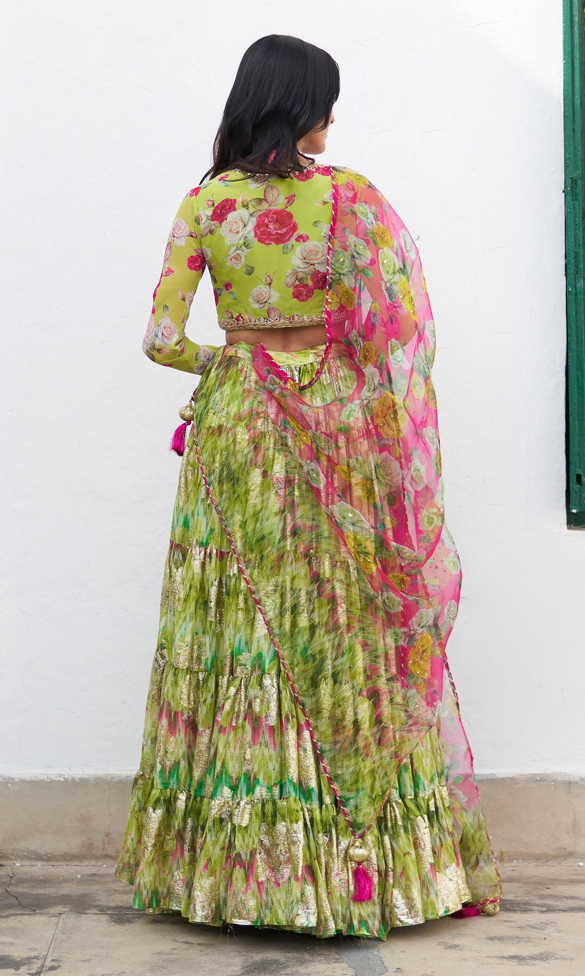 Gulafsha Neon Green Lehenga With Floral Blouse And Dupatta ( Set Of 3)