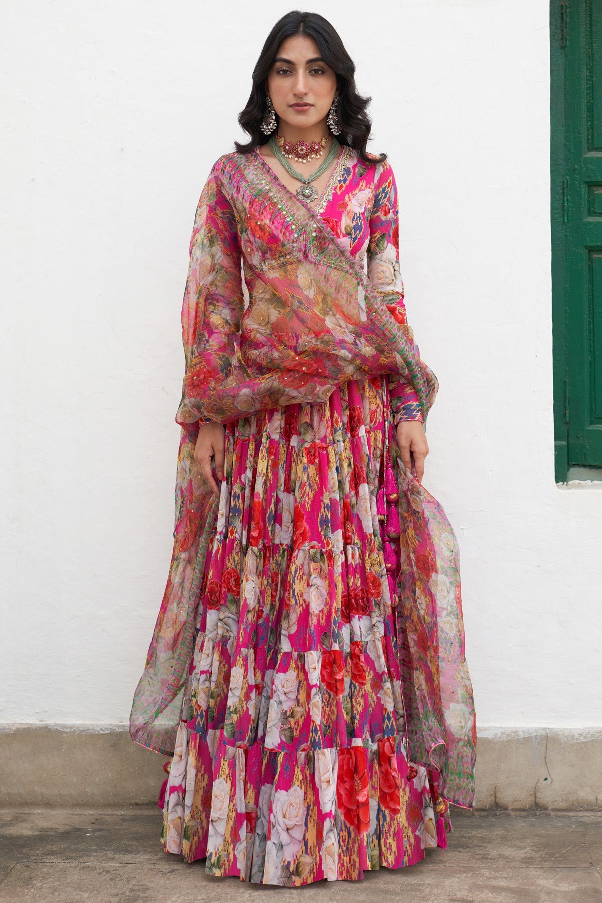 Gulafsha Ikat Floral Pink Lehenga With Blouse And Dupatta (Set Of 3)