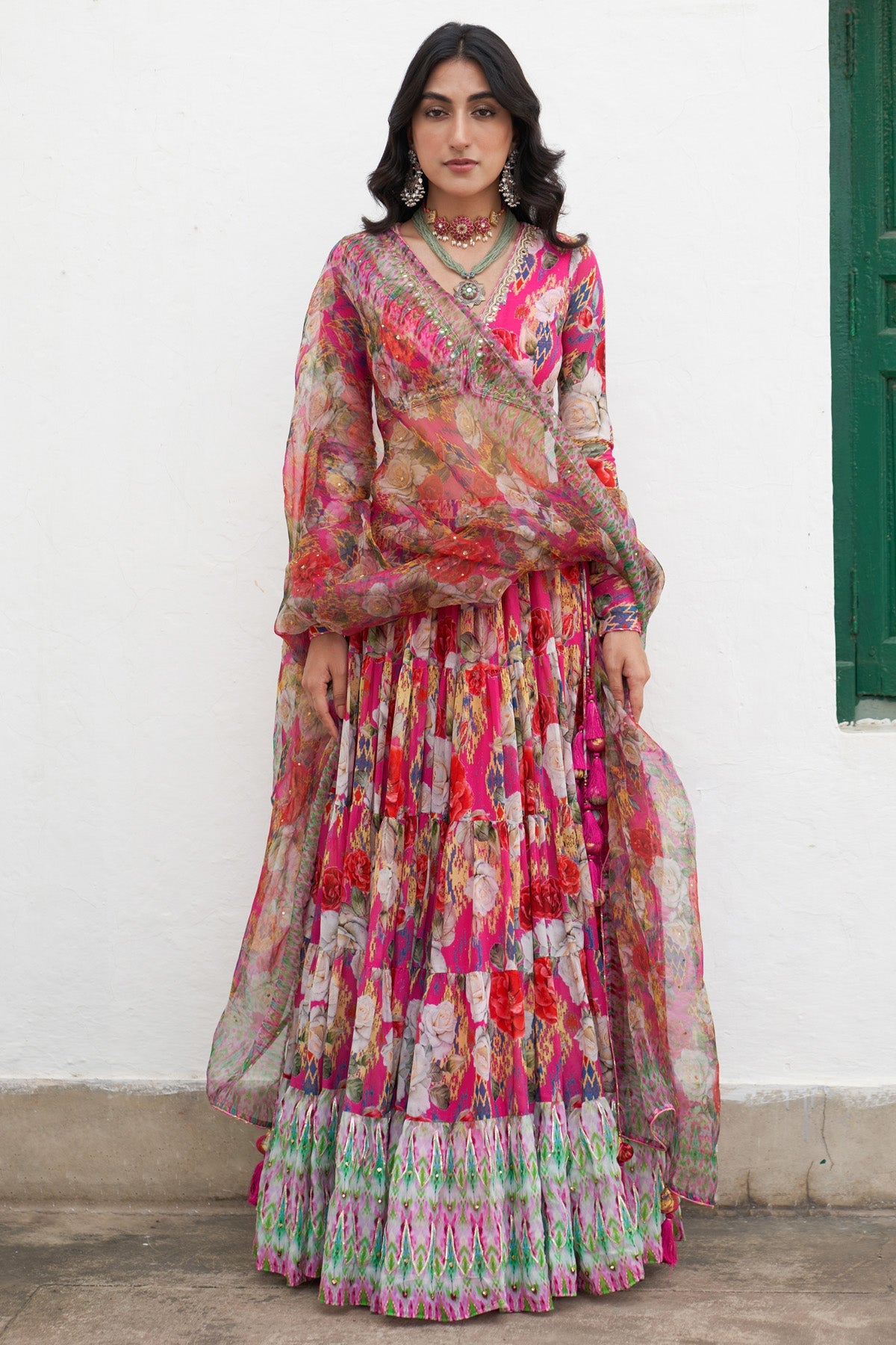 Gulafsha Ikat Border Floral Pink Lehenga With Blouse And Dupatta( Set Of 3)