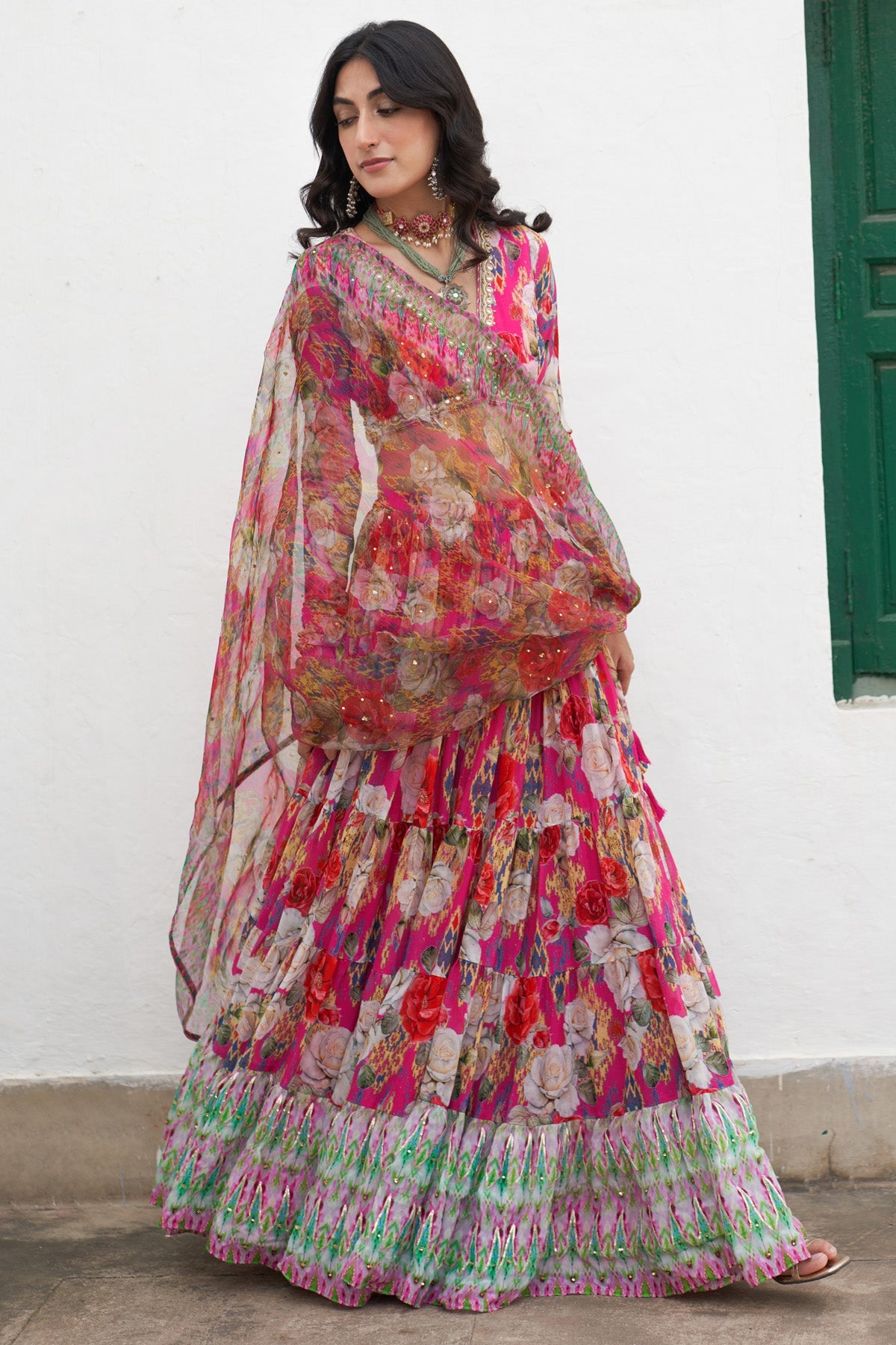 Gulafsha Ikat Border Floral Pink Lehenga With Blouse And Dupatta( Set Of 3)