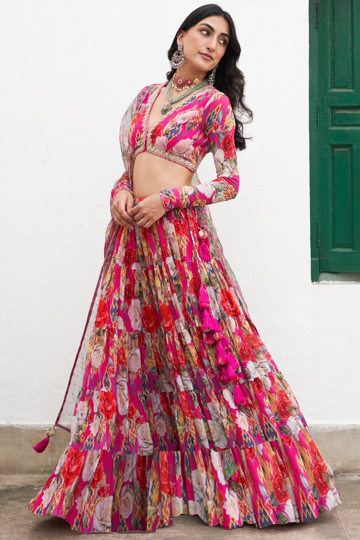 Gulafsha Ikat Floral Pink Lehenga With Blouse And Dupatta (Set Of 3)