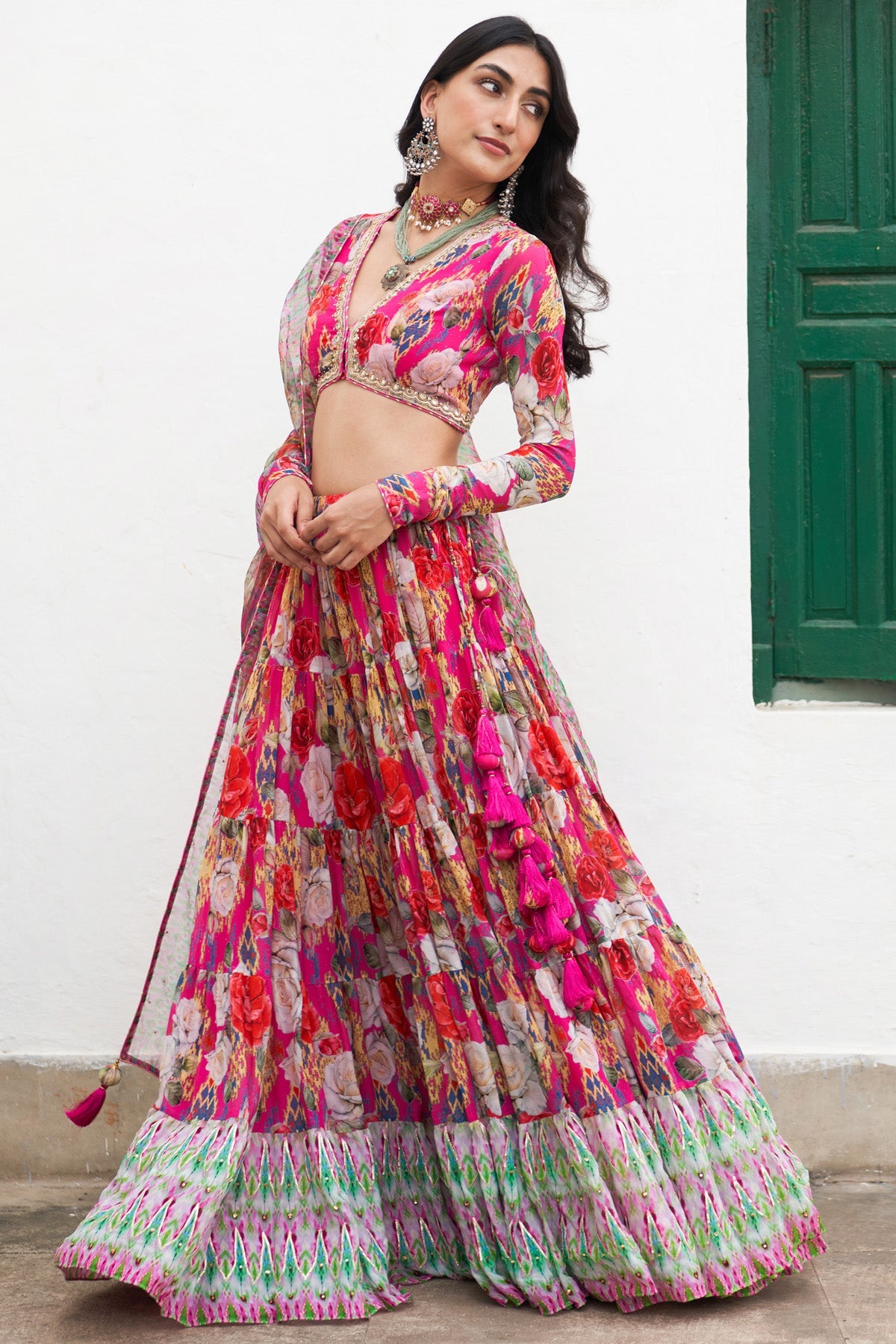 Gulafsha Ikat Border Floral Pink Lehenga With Blouse And Dupatta( Set Of 3)