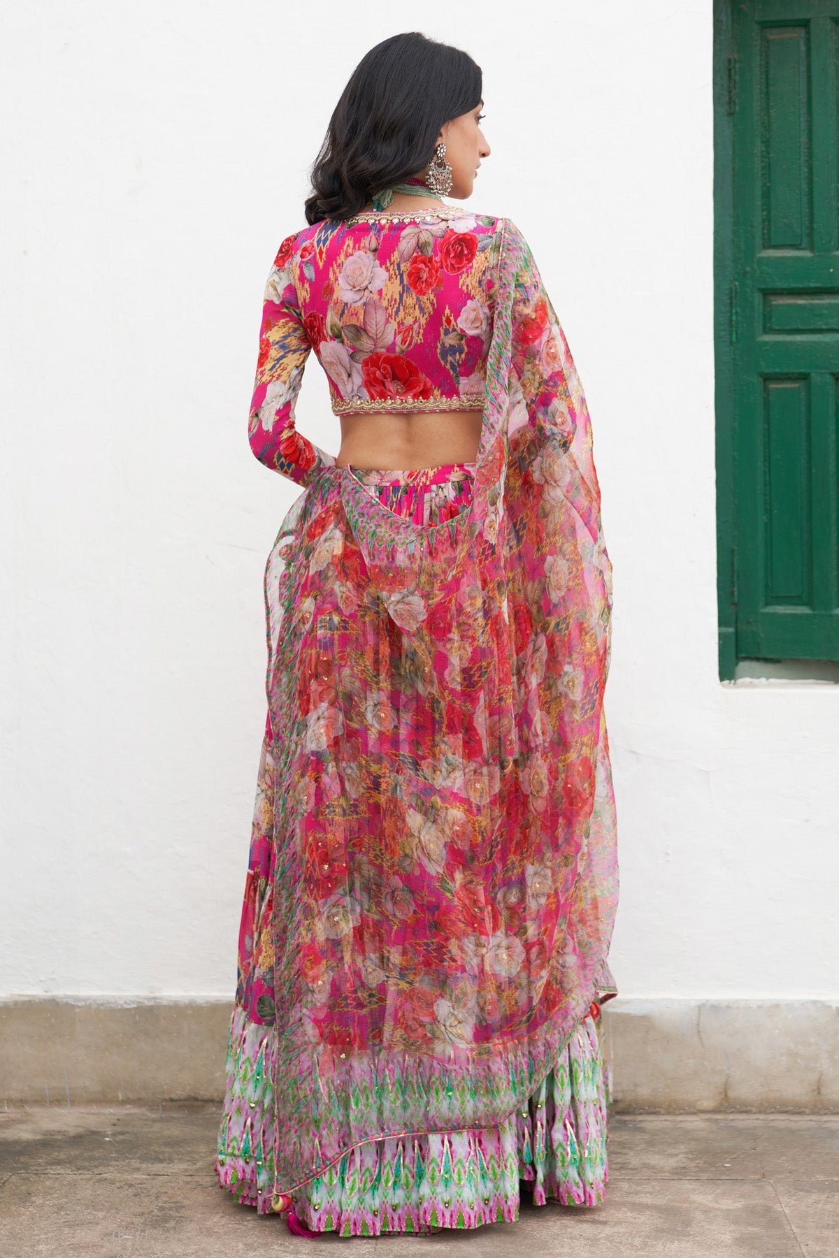 Gulafsha Ikat Border Floral Pink Lehenga With Blouse And Dupatta( Set Of 3)