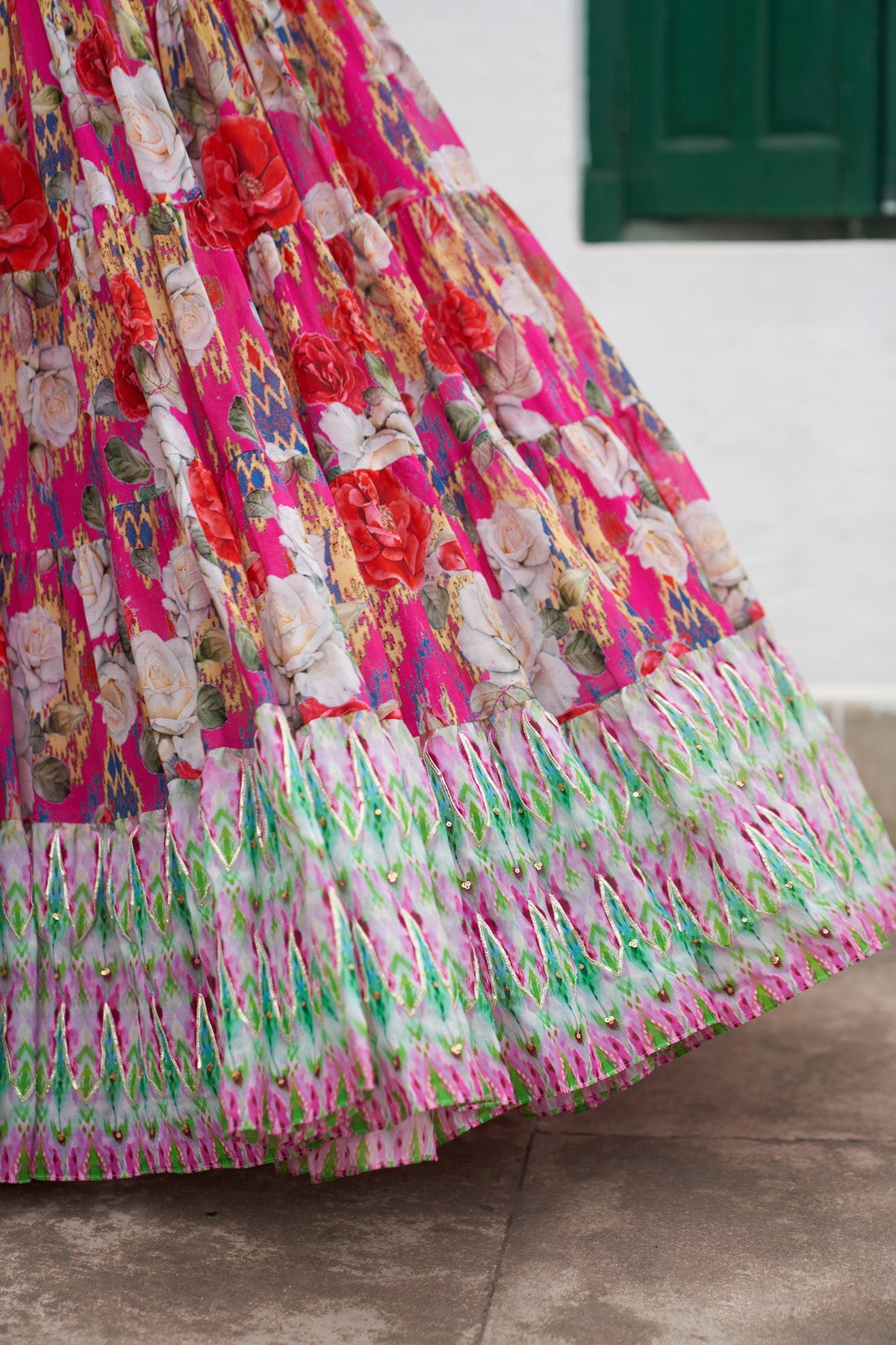 Gulafsha Ikat Border Floral Pink Lehenga With Blouse And Dupatta( Set Of 3)