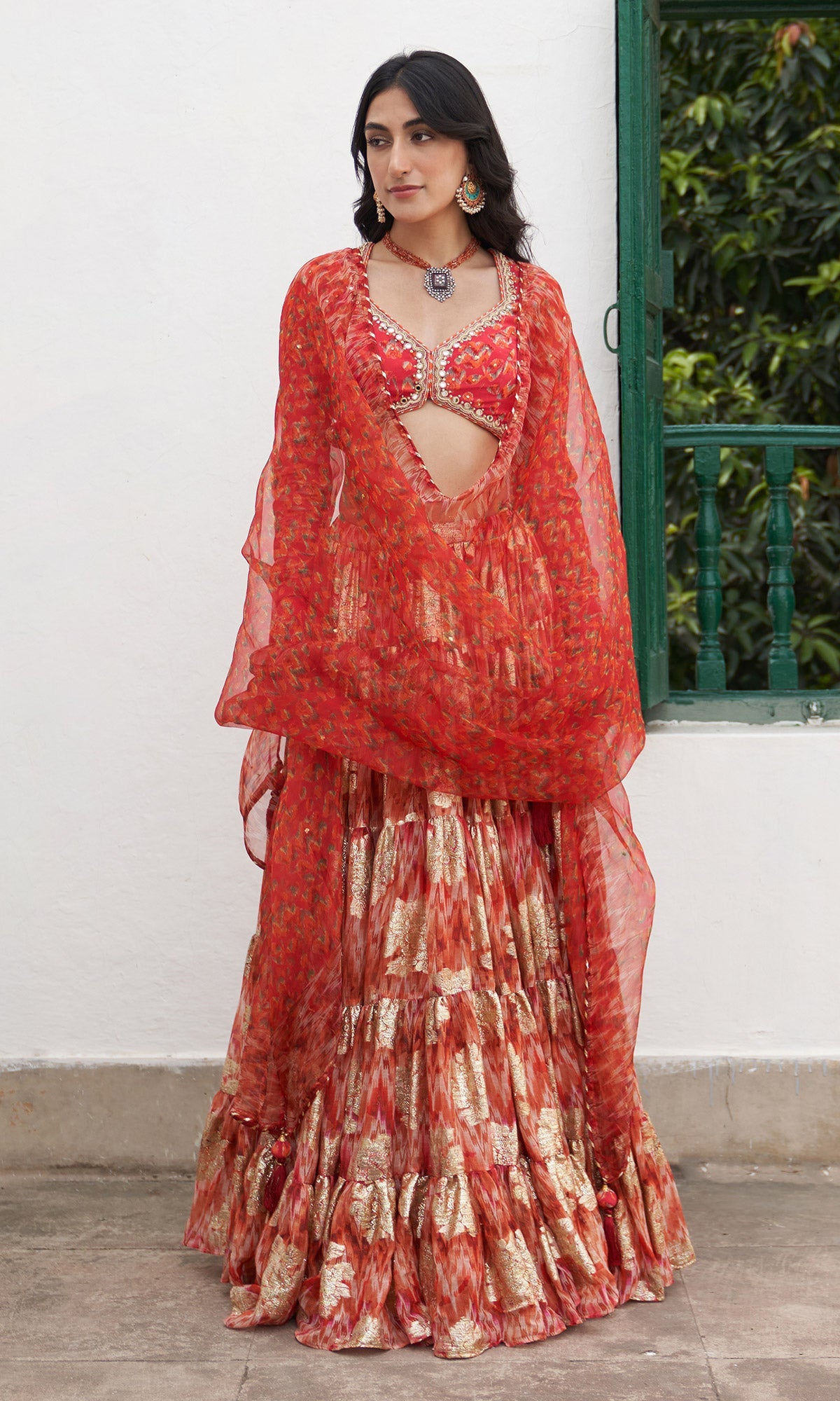 Gulafsha Rust Lehenga With Floral Blouse And Dupatta ( Set Of 3)