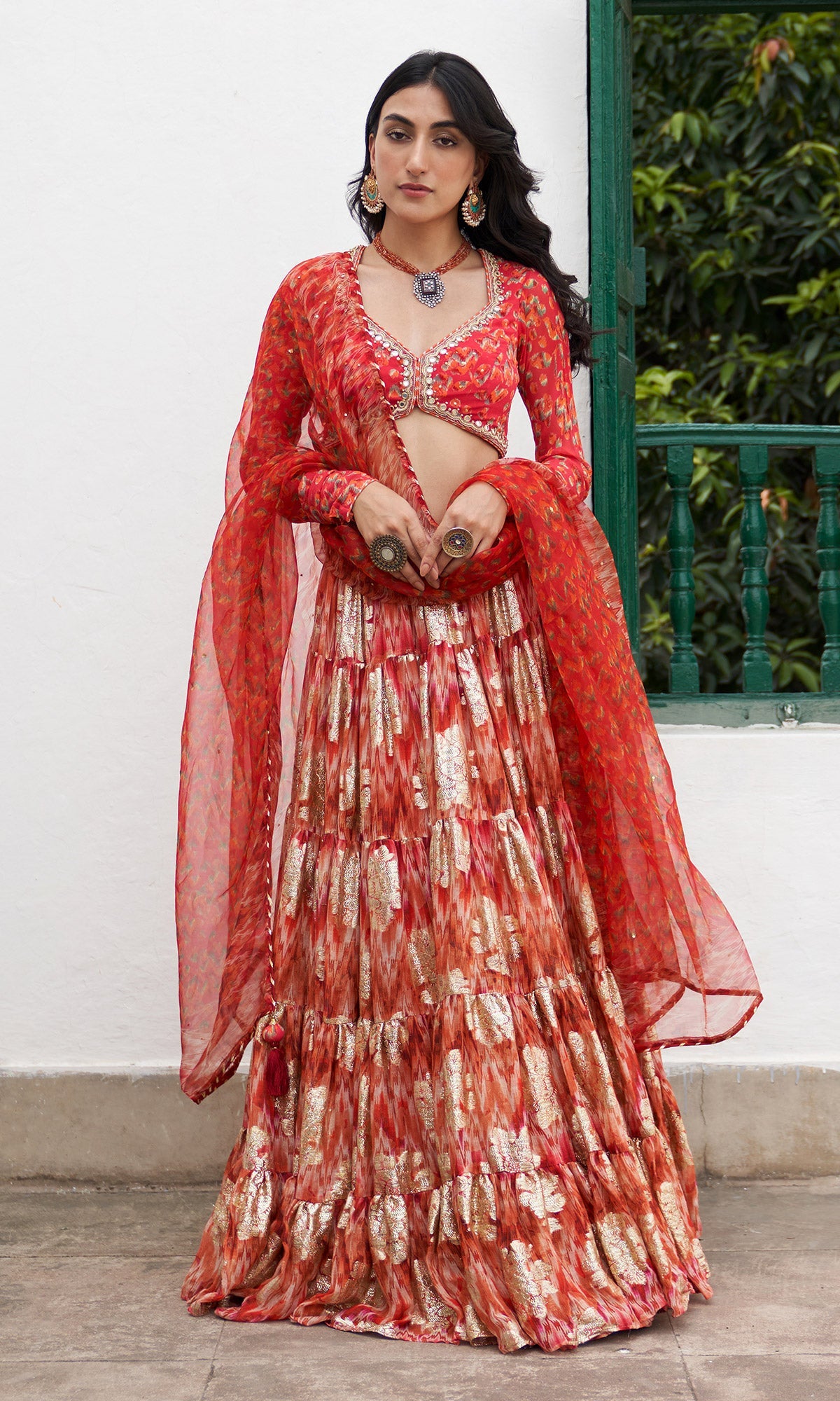 Gulafsha Rust Lehenga With Floral Blouse And Dupatta ( Set Of 3)