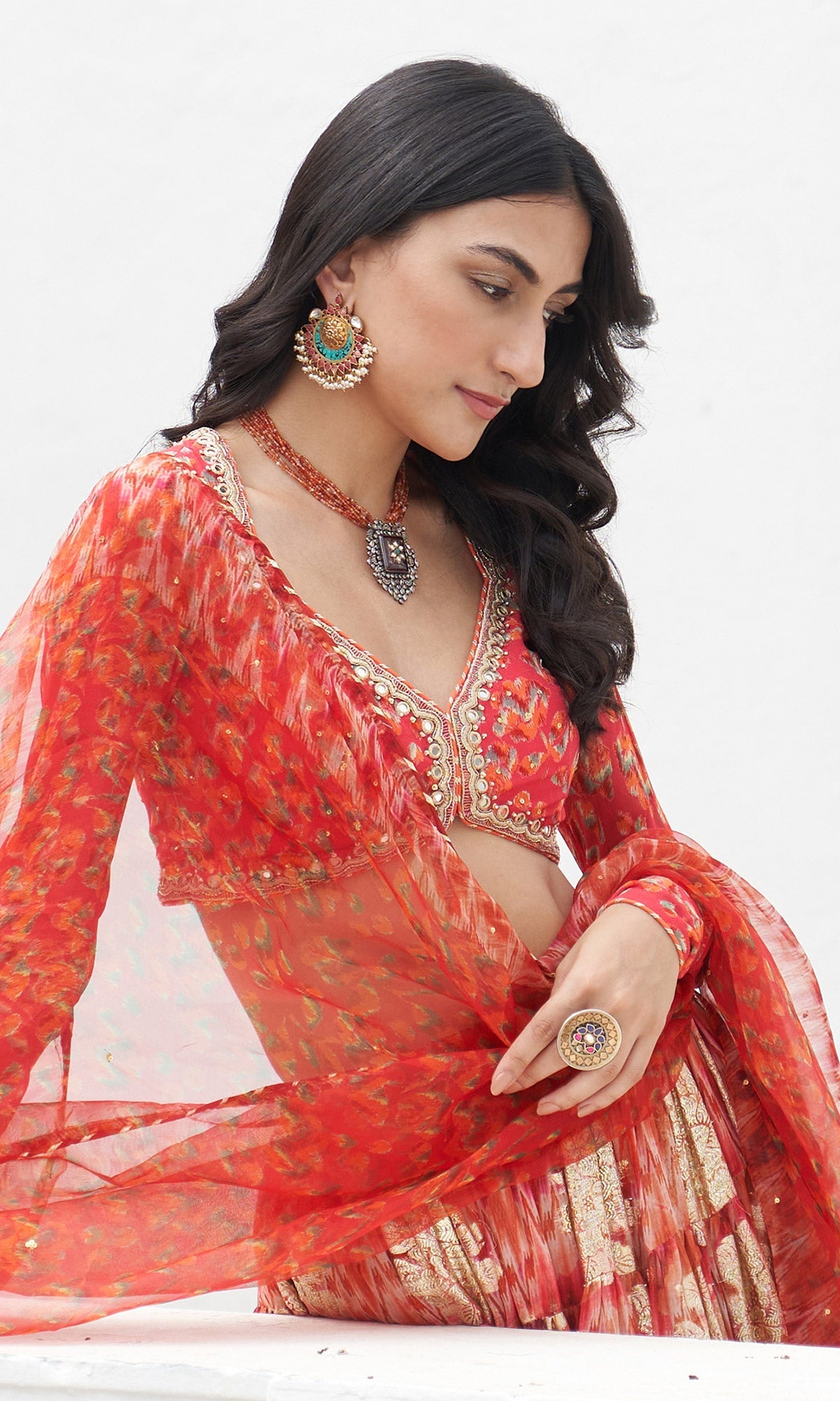 Gulafsha Rust Lehenga With Floral Blouse And Dupatta ( Set Of 3)