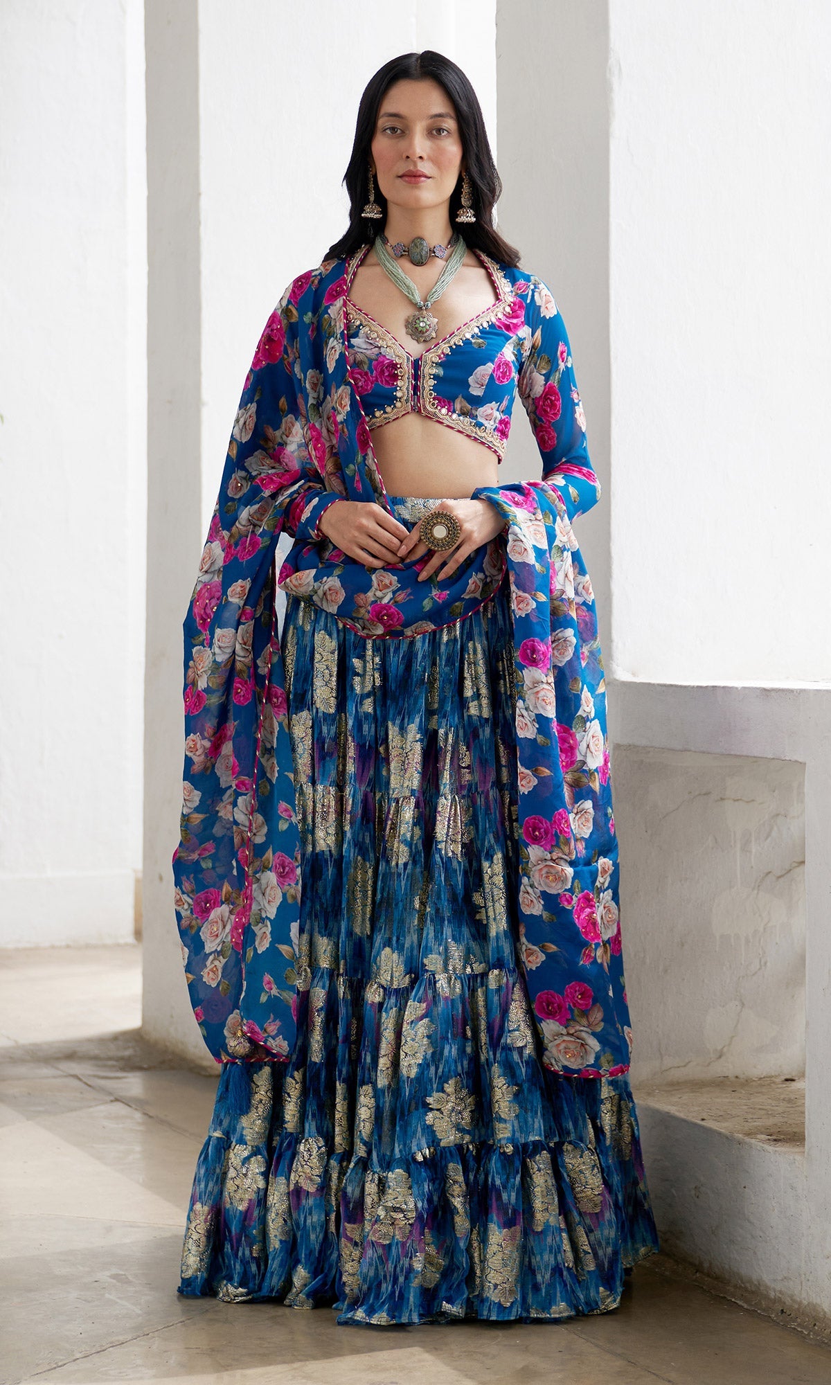Gulafsha Blue Lehenga With Floral Blouse And Dupatta ( Set Of 3)