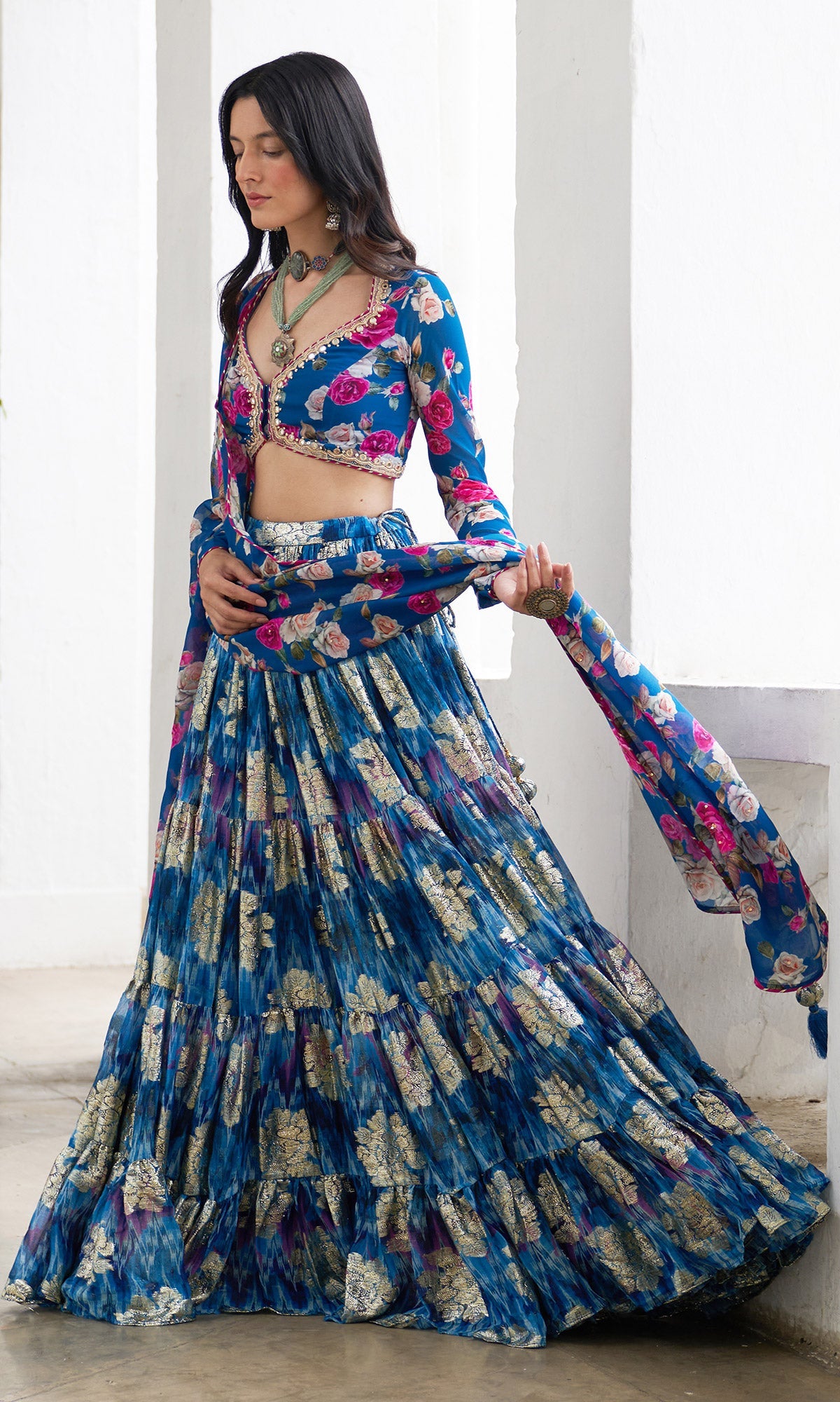 Gulafsha Blue Lehenga With Floral Blouse And Dupatta ( Set Of 3)