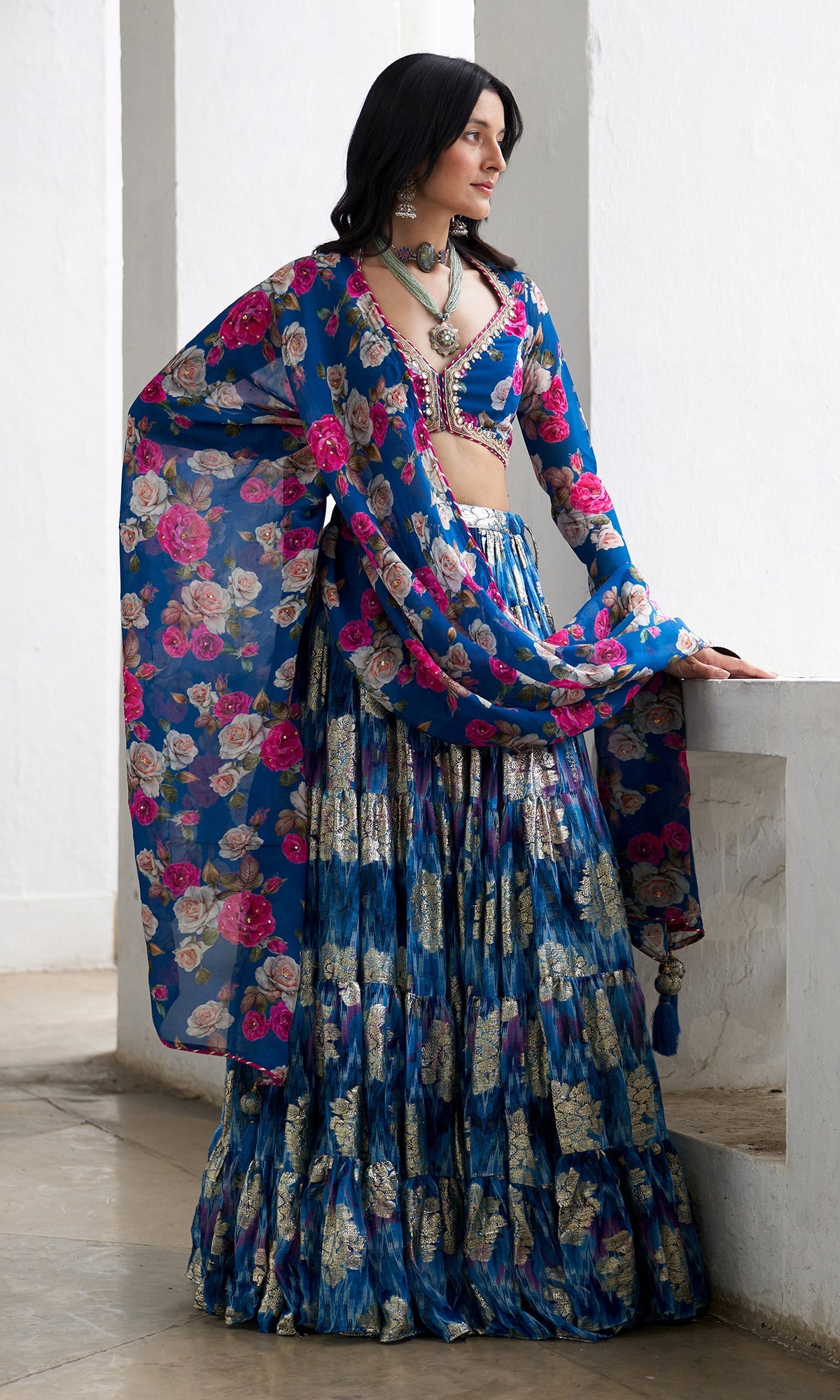 Gulafsha Blue Lehenga With Floral Blouse And Dupatta ( Set Of 3)