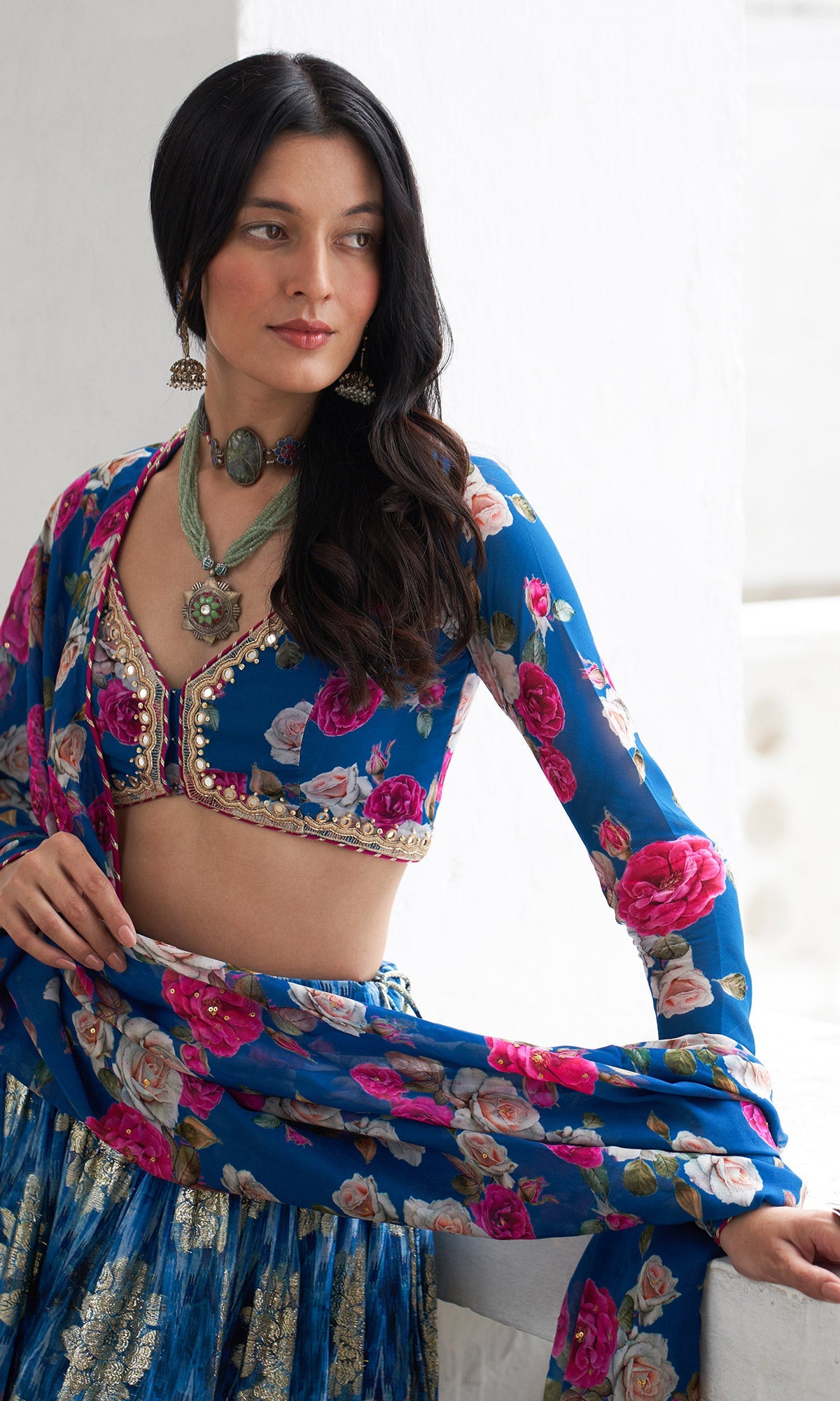 Gulafsha Blue Lehenga With Floral Blouse And Dupatta ( Set Of 3)
