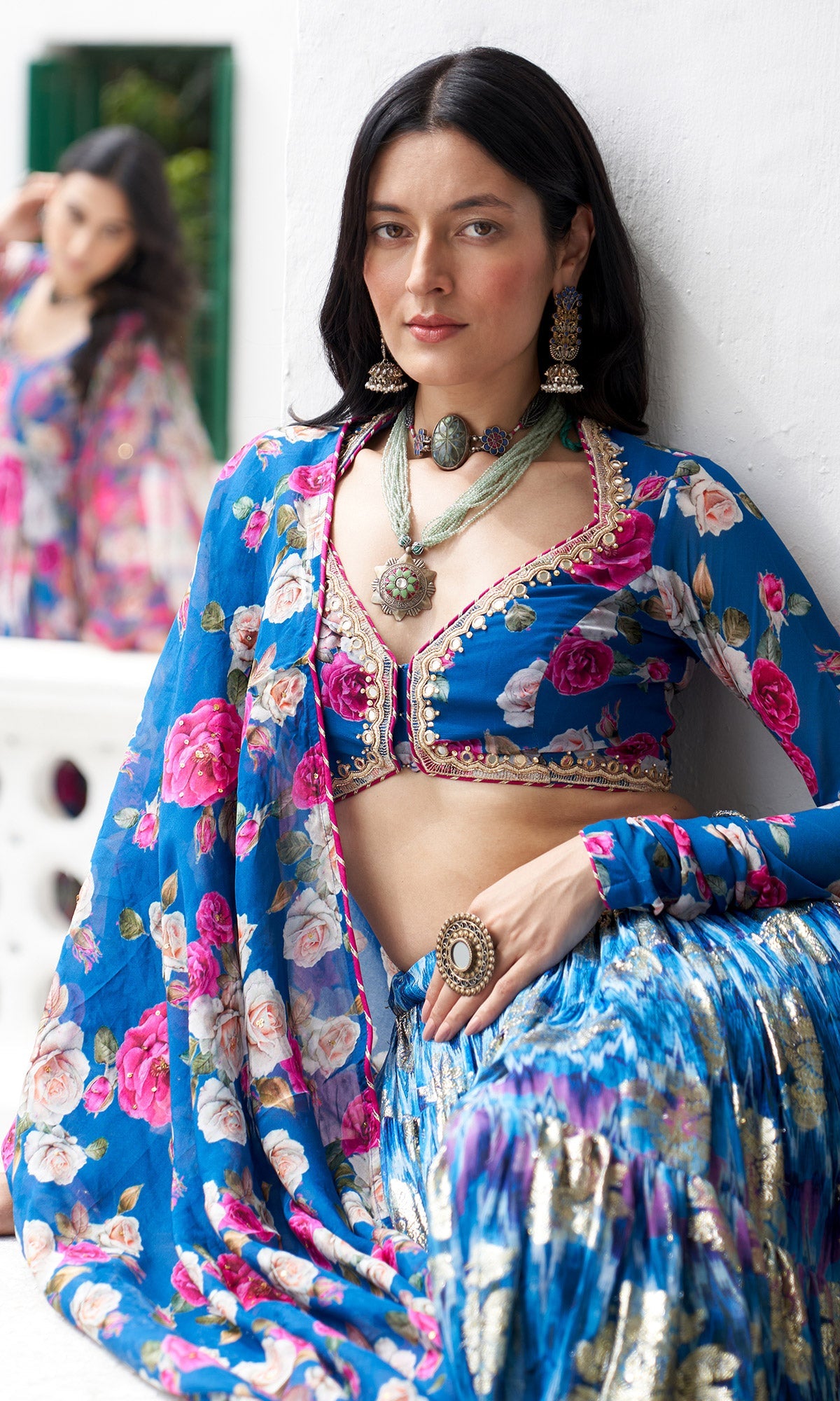 Gulafsha Blue Lehenga With Floral Blouse And Dupatta ( Set Of 3)