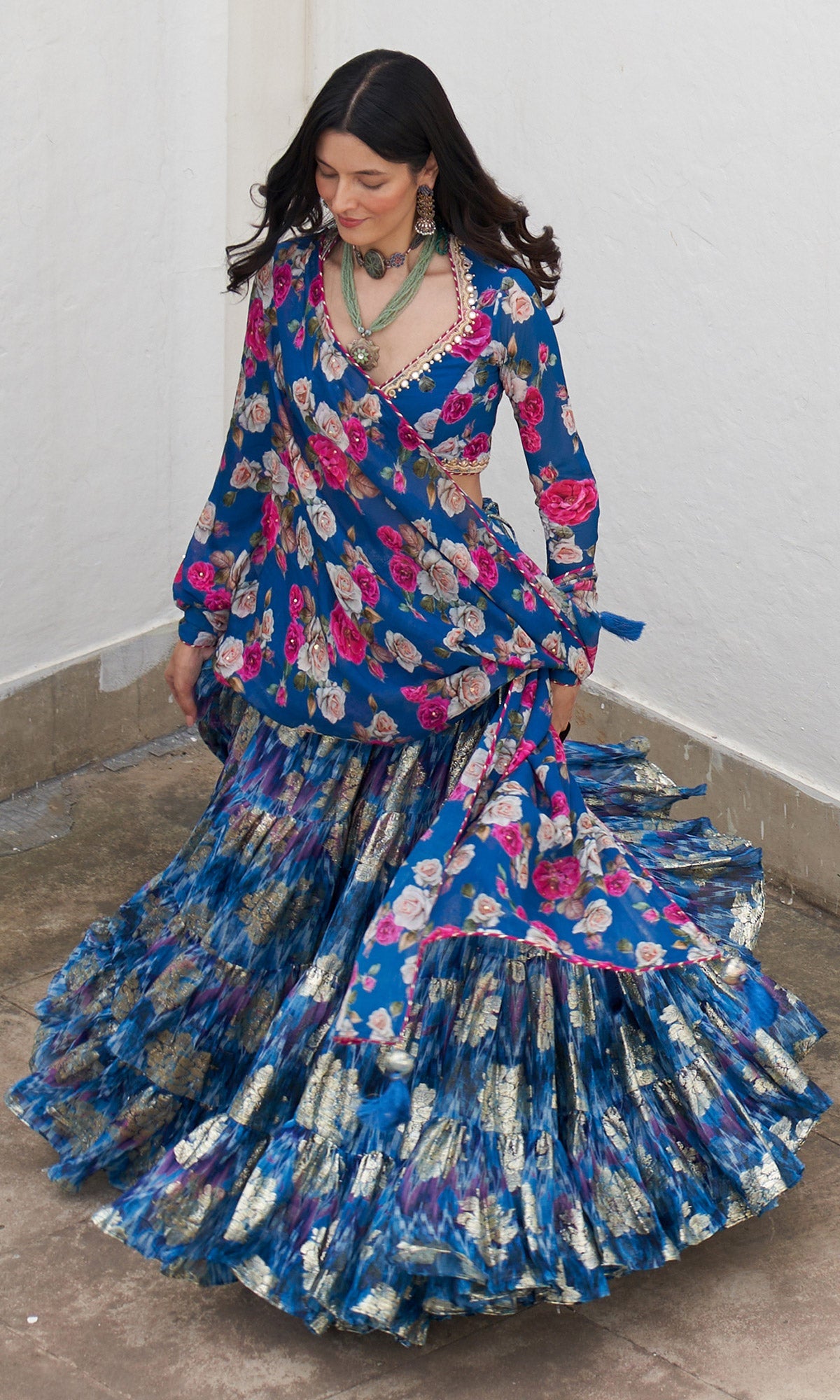 Gulafsha Blue Lehenga With Floral Blouse And Dupatta ( Set Of 3)