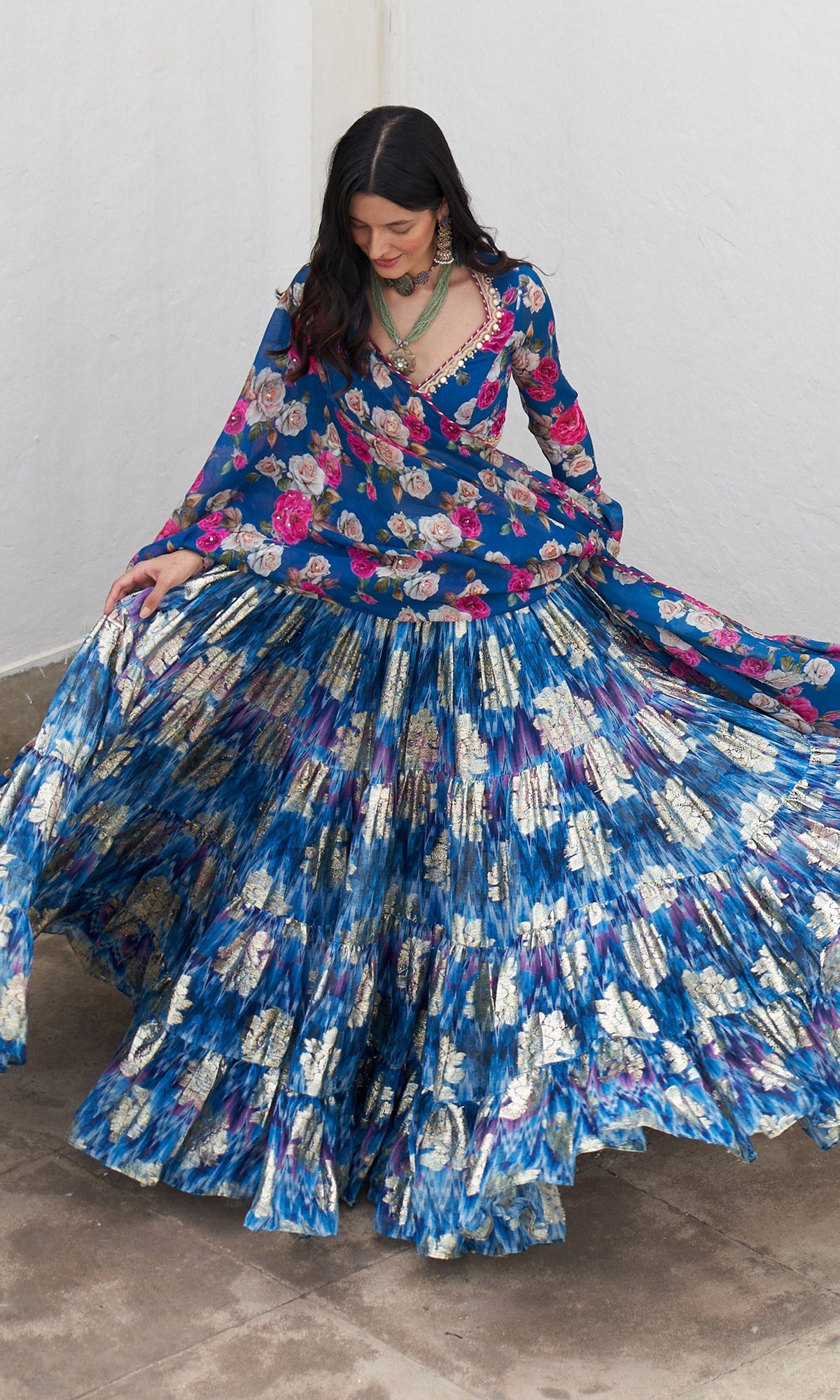 Gulafsha Blue Lehenga With Floral Blouse And Dupatta ( Set Of 3)