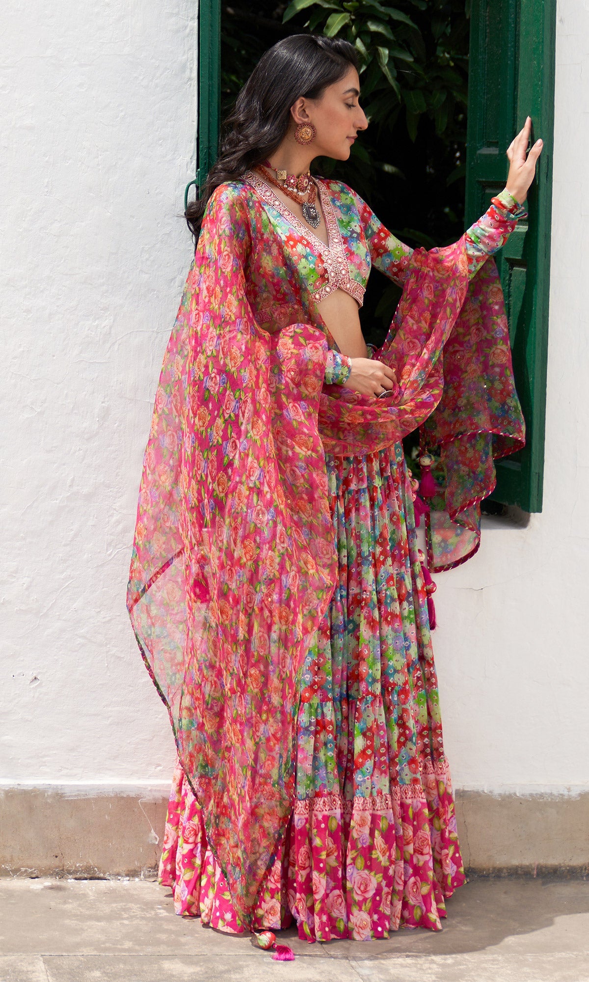 Gulafsha Multi Ikat Floral Print Lehenga With Blouse And Dupatta ( Set Of 3)