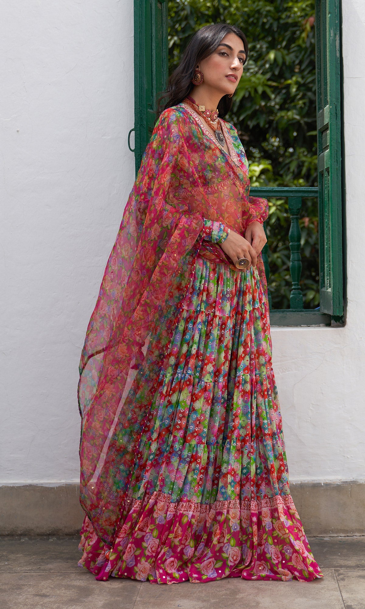 Gulafsha Multi Ikat Floral Print Lehenga With Blouse And Dupatta ( Set Of 3)