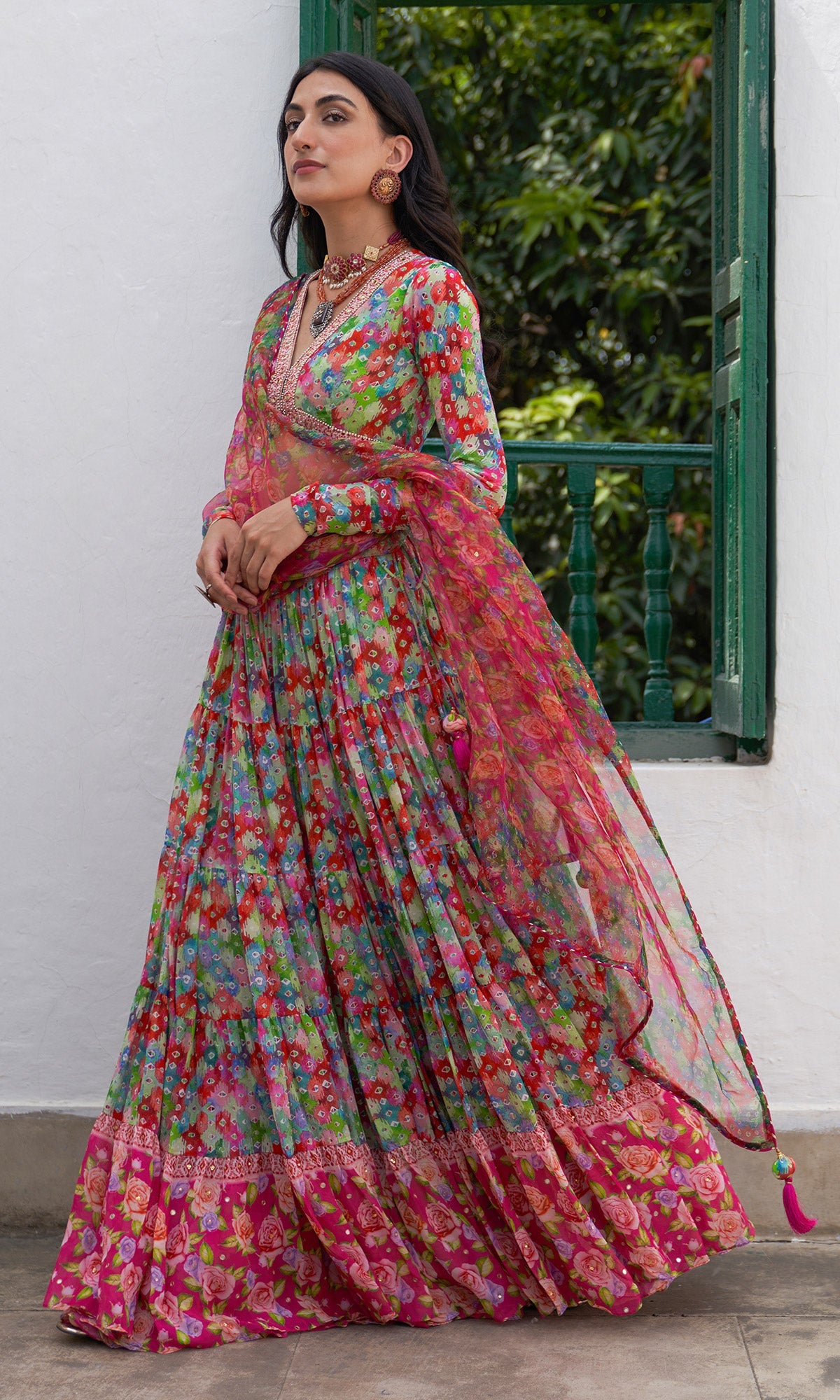 Gulafsha Multi Ikat Floral Print Lehenga With Blouse And Dupatta ( Set Of 3)