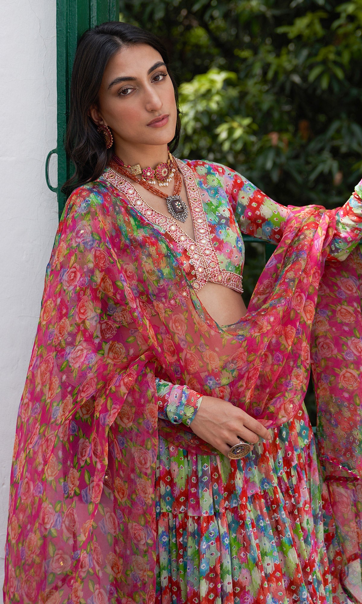 Gulafsha Multi Ikat Floral Print Lehenga With Blouse And Dupatta ( Set Of 3)