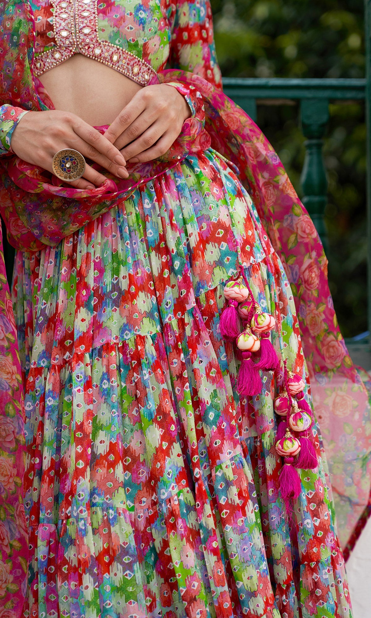 Gulafsha Multi Ikat Floral Print Lehenga With Blouse And Dupatta ( Set Of 3)