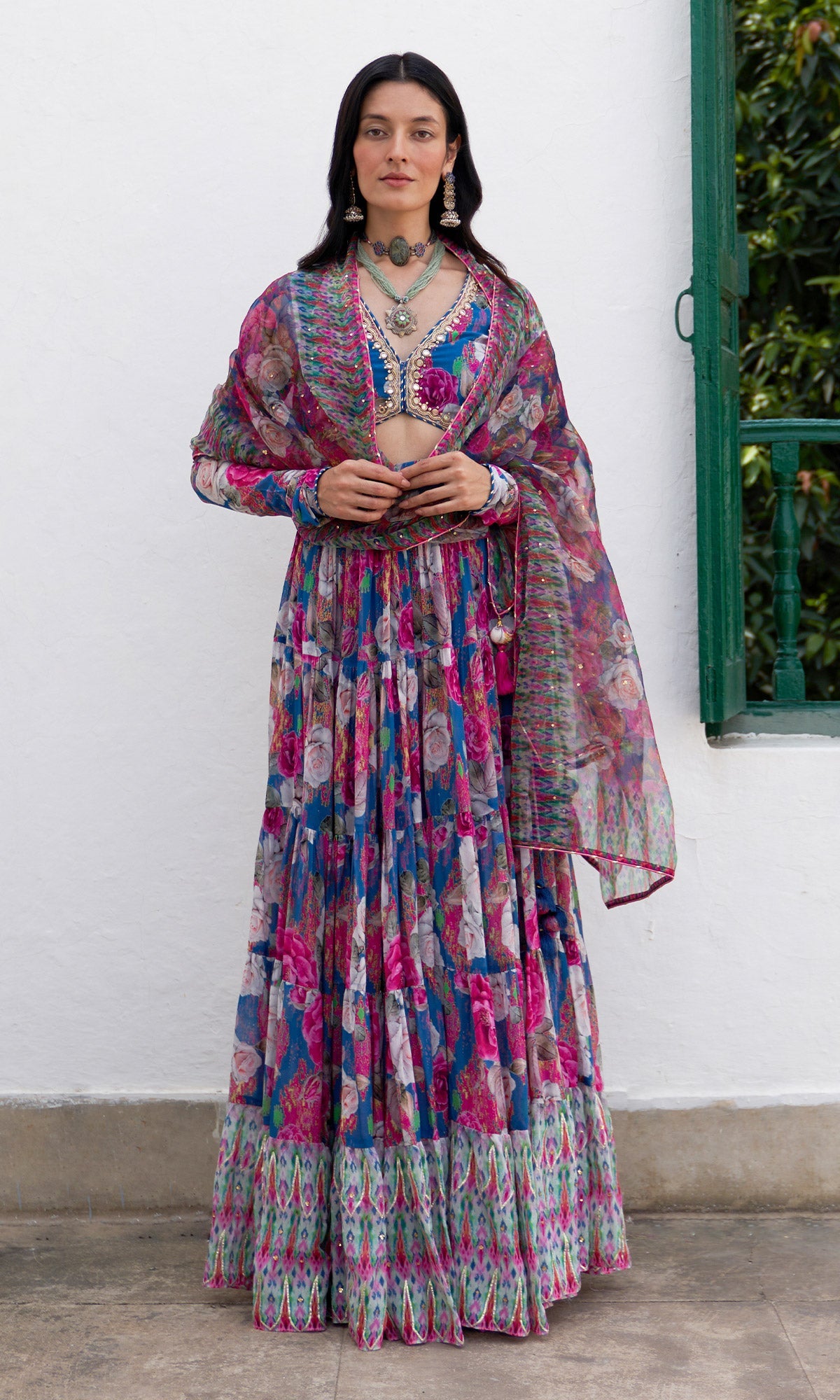 Gulafsha Ikat Border Floral Blue Lehenga With Blouse And Dupatta( Set Of 3)