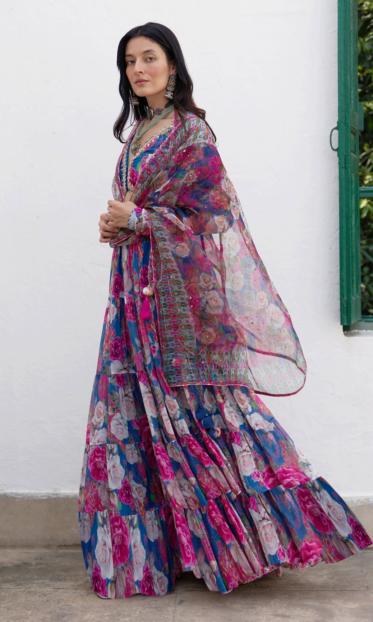 Gulafsha Ikat Floral Blue Lehenga With Blouse And Dupatta (Set Of 3)