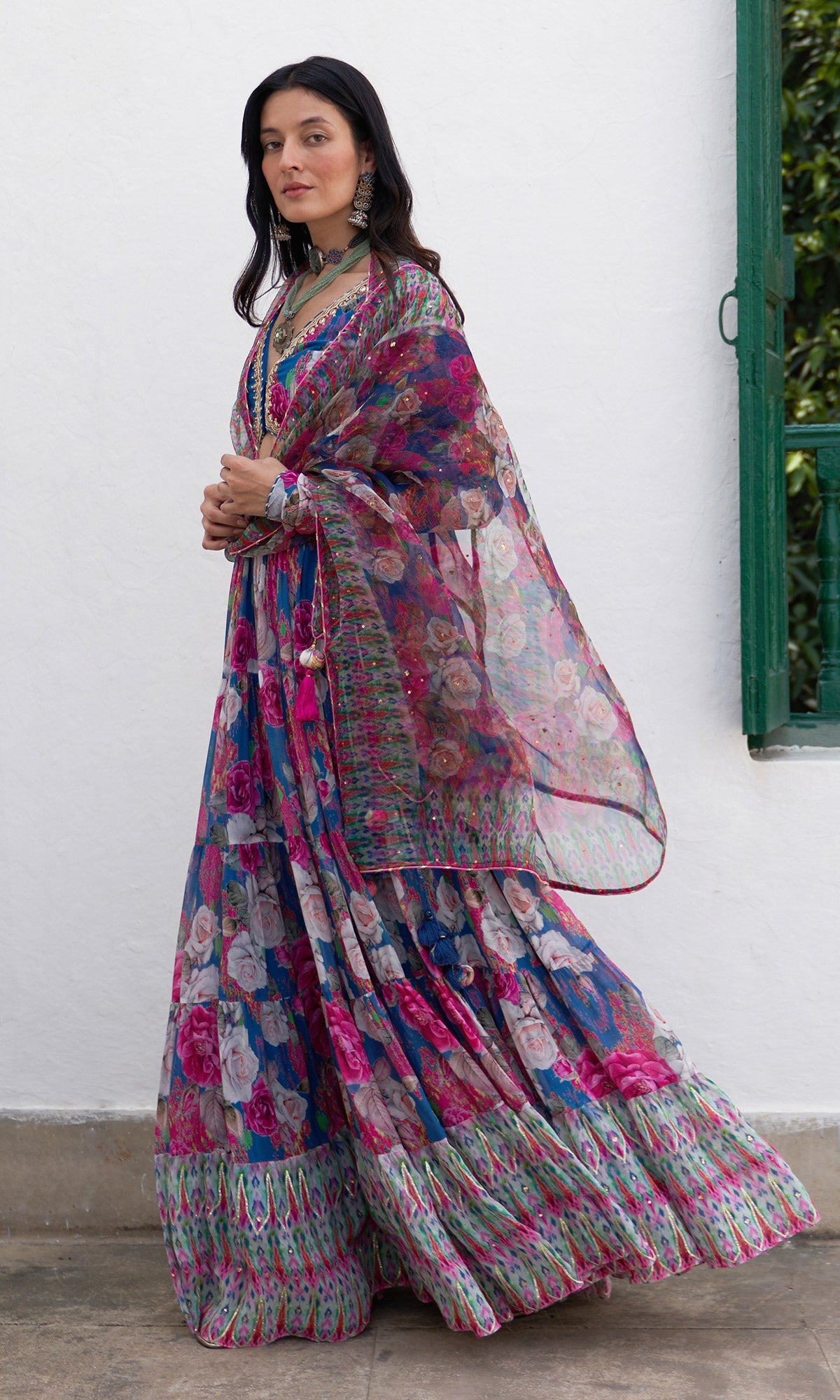 Gulafsha Ikat Border Floral Blue Lehenga With Blouse And Dupatta( Set Of 3)