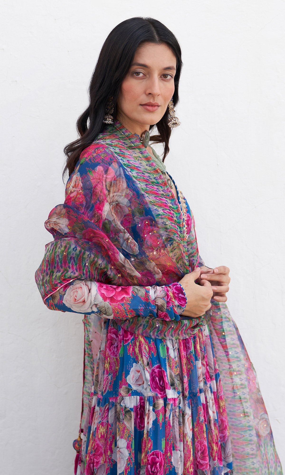 Gulafsha Ikat Floral Blue Lehenga With Blouse And Dupatta (Set Of 3)