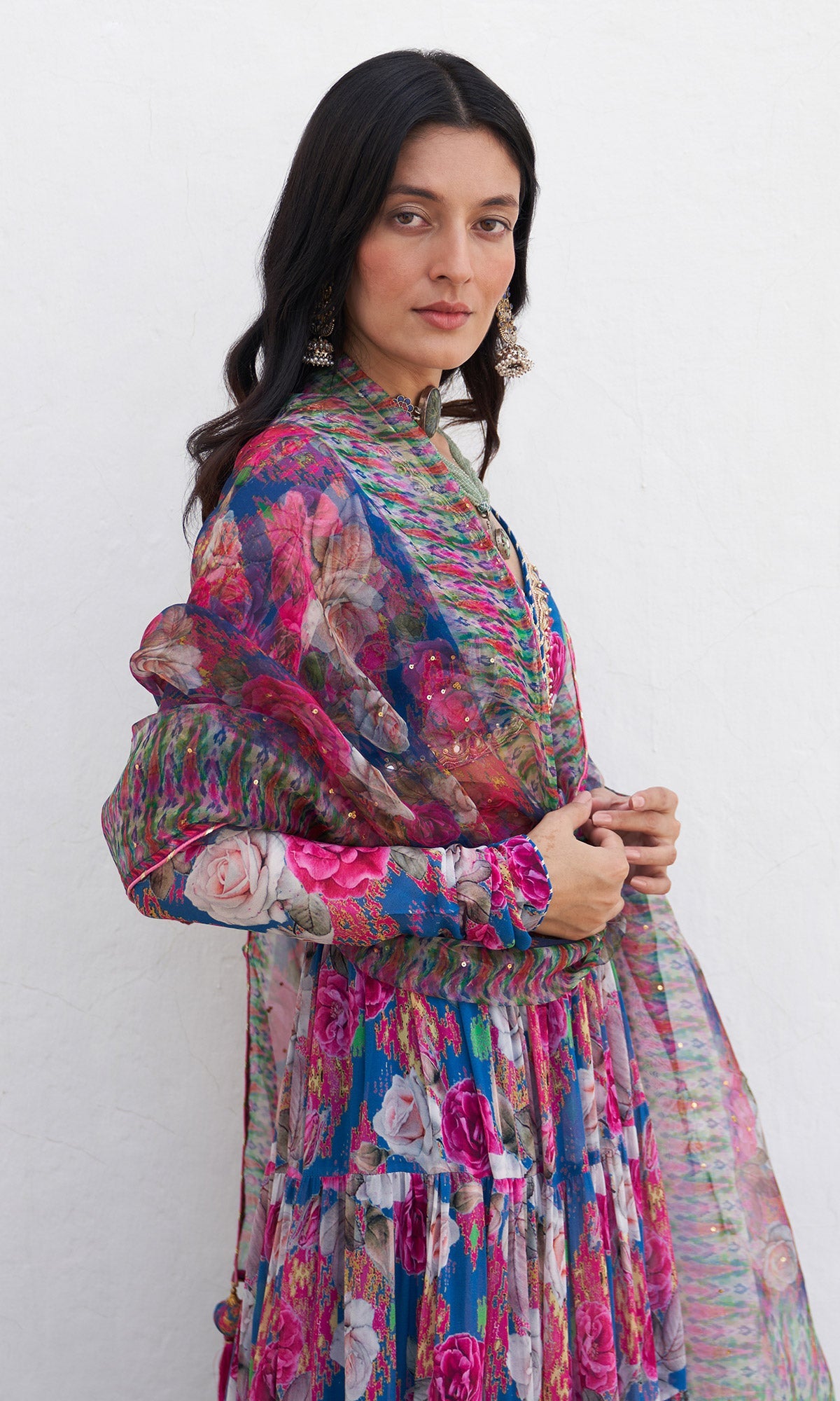 Gulafsha Ikat Border Floral Blue Lehenga With Blouse And Dupatta( Set Of 3)