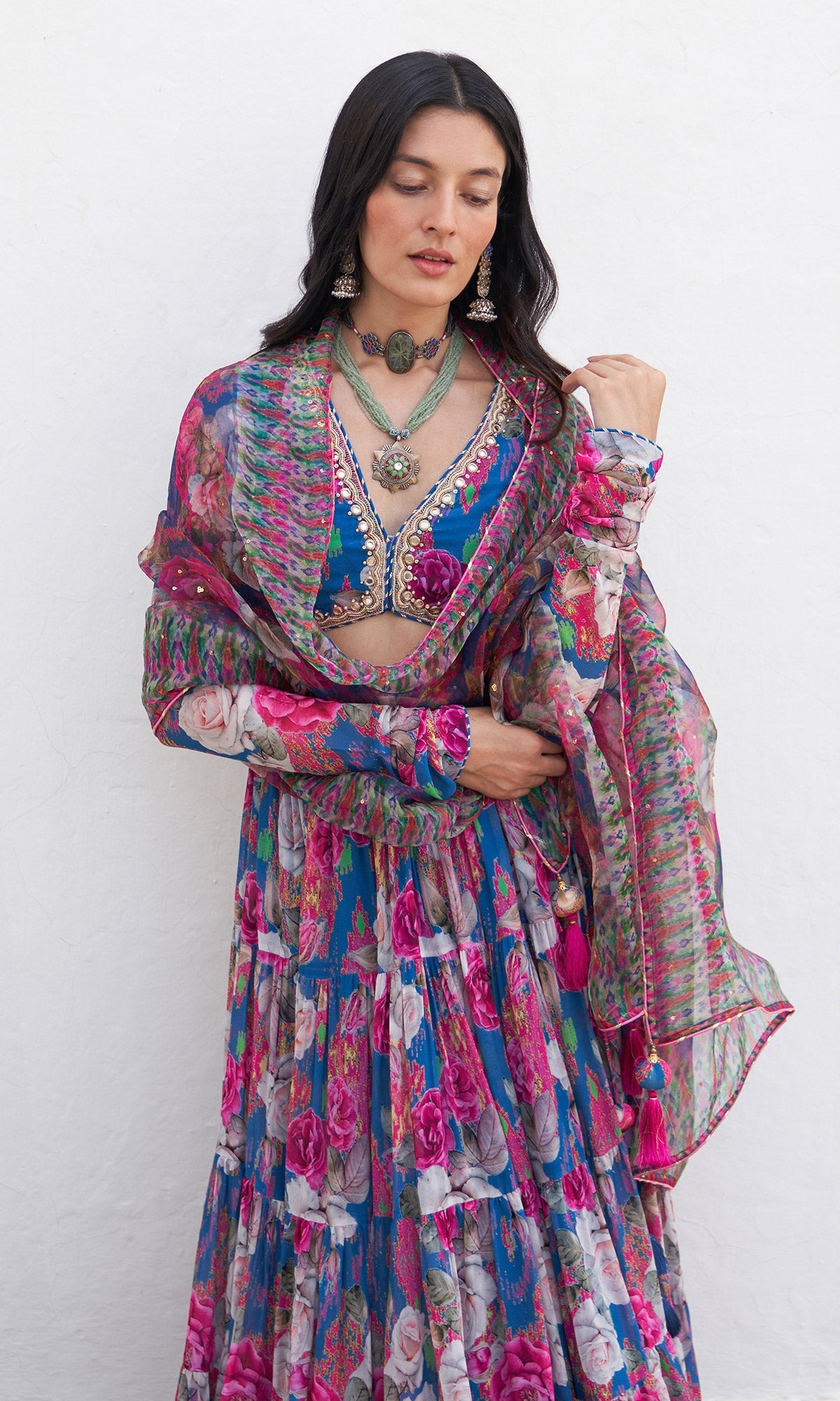 Gulafsha Ikat Floral Blue Lehenga With Blouse And Dupatta (Set Of 3)