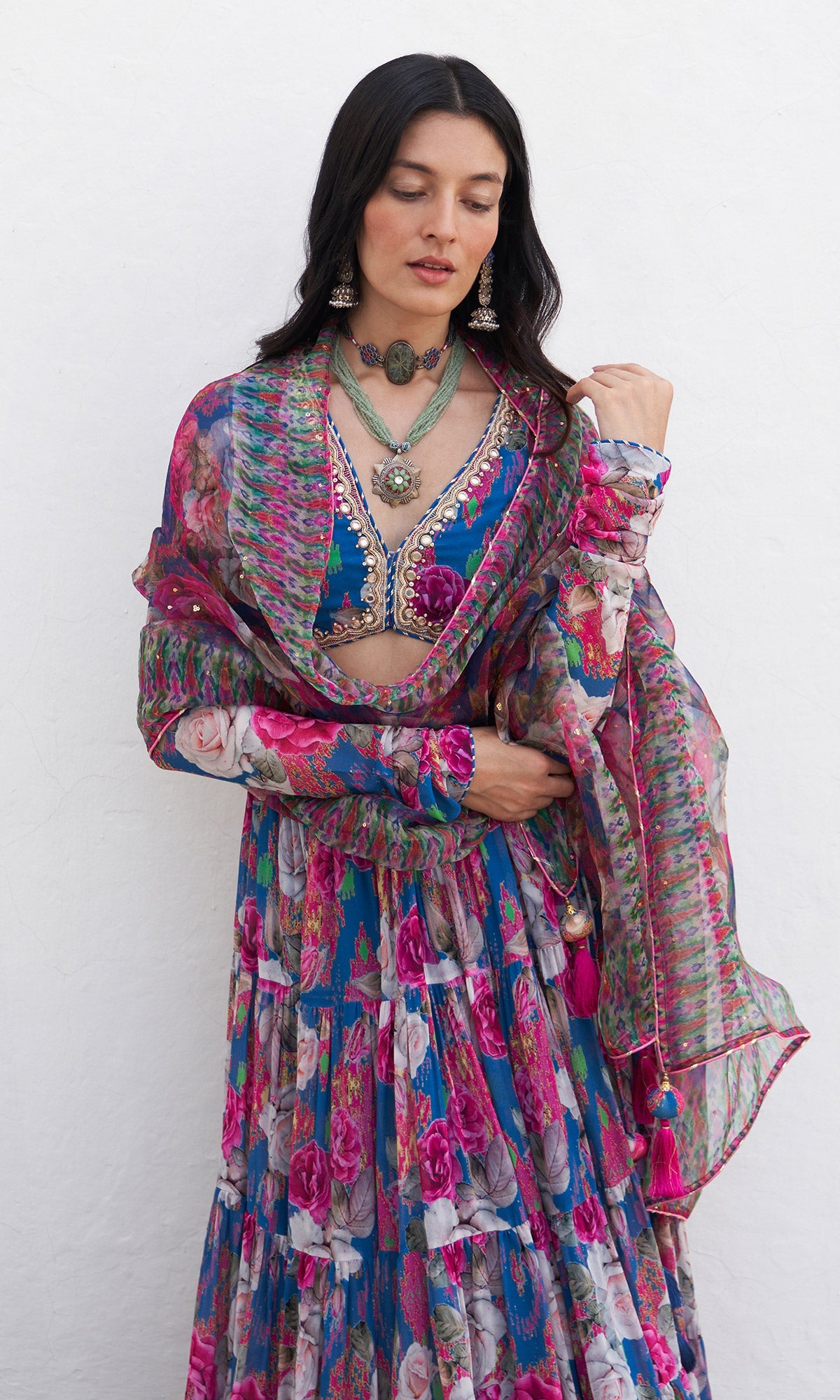 Gulafsha Ikat Border Floral Blue Lehenga With Blouse And Dupatta( Set Of 3)