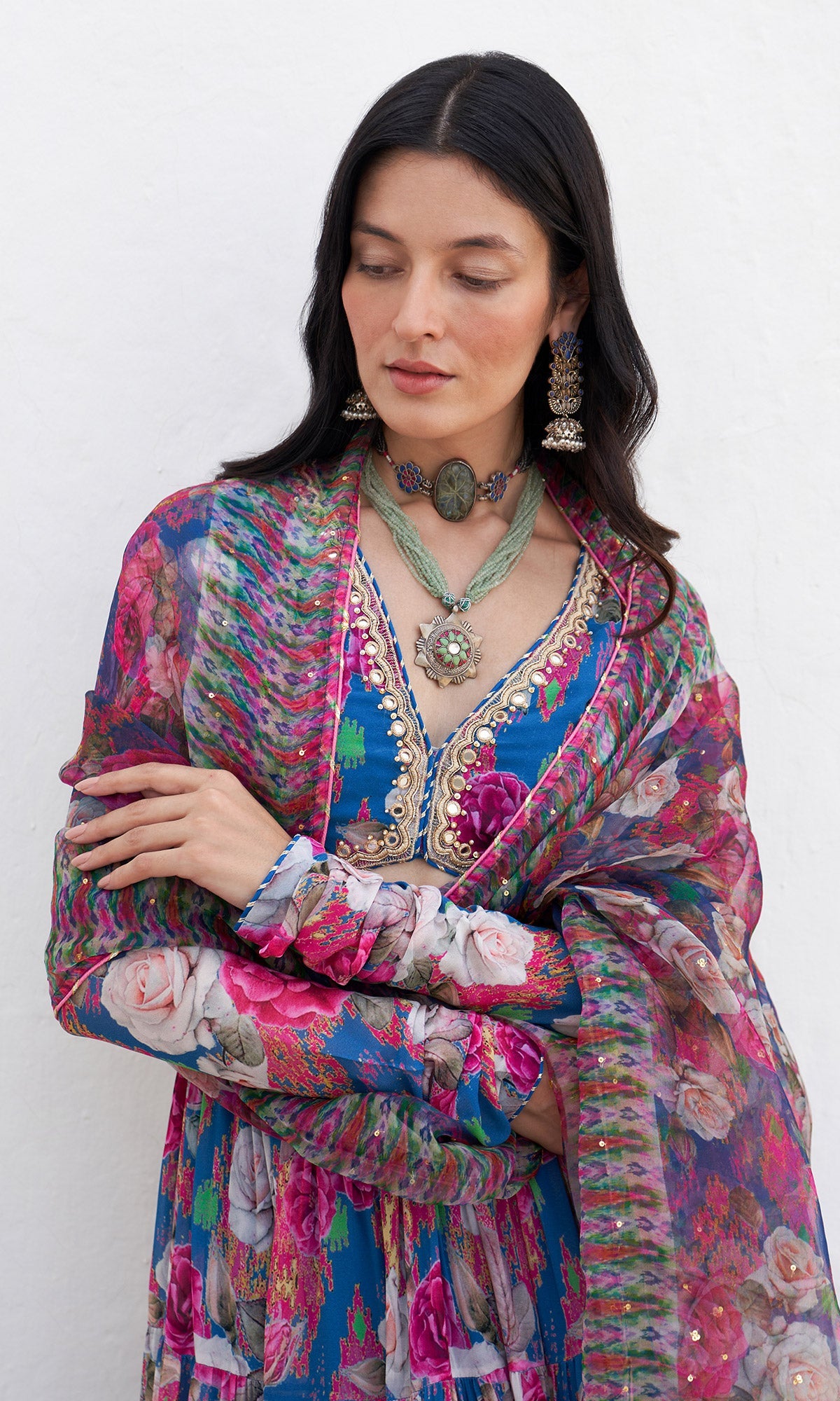 Gulafsha Ikat Floral Blue Lehenga With Blouse And Dupatta (Set Of 3)