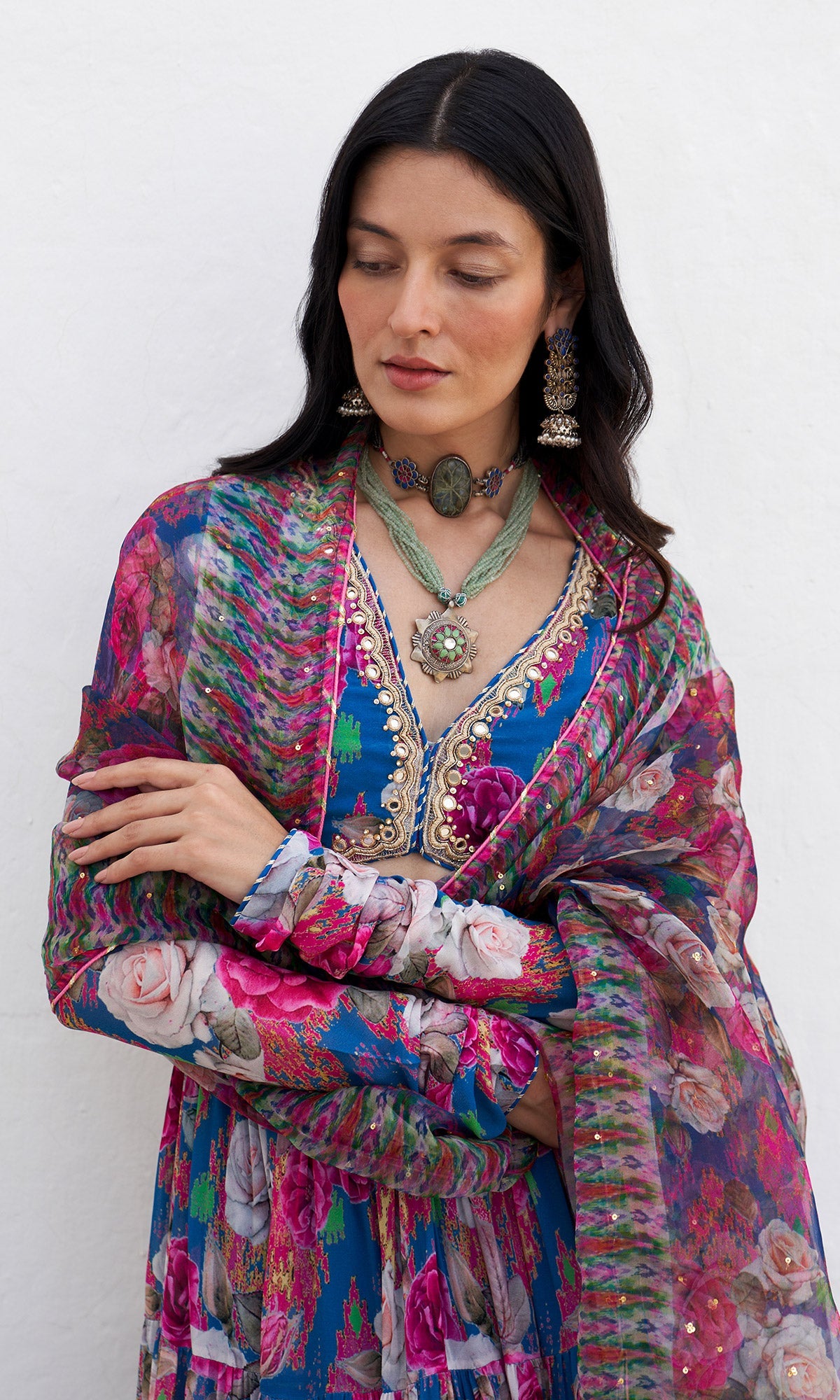 Gulafsha Ikat Border Floral Blue Lehenga With Blouse And Dupatta( Set Of 3)